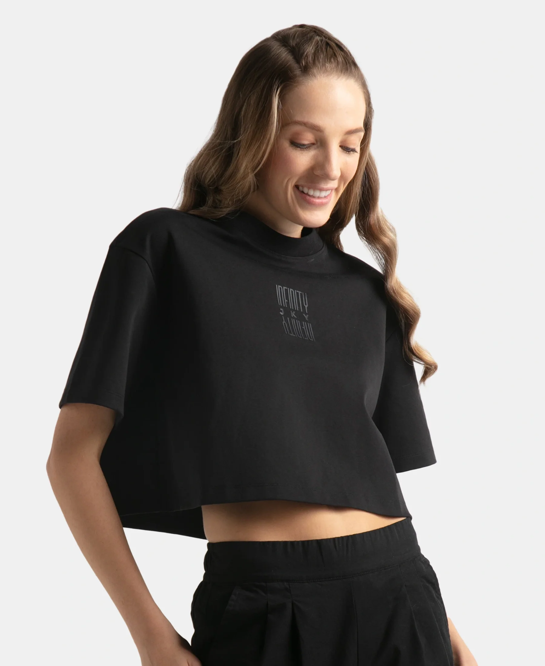 Super Combed Cotton Rich Elastane Stretch Oversized Boxy Fit Crop Top - Deep Black - Image 2