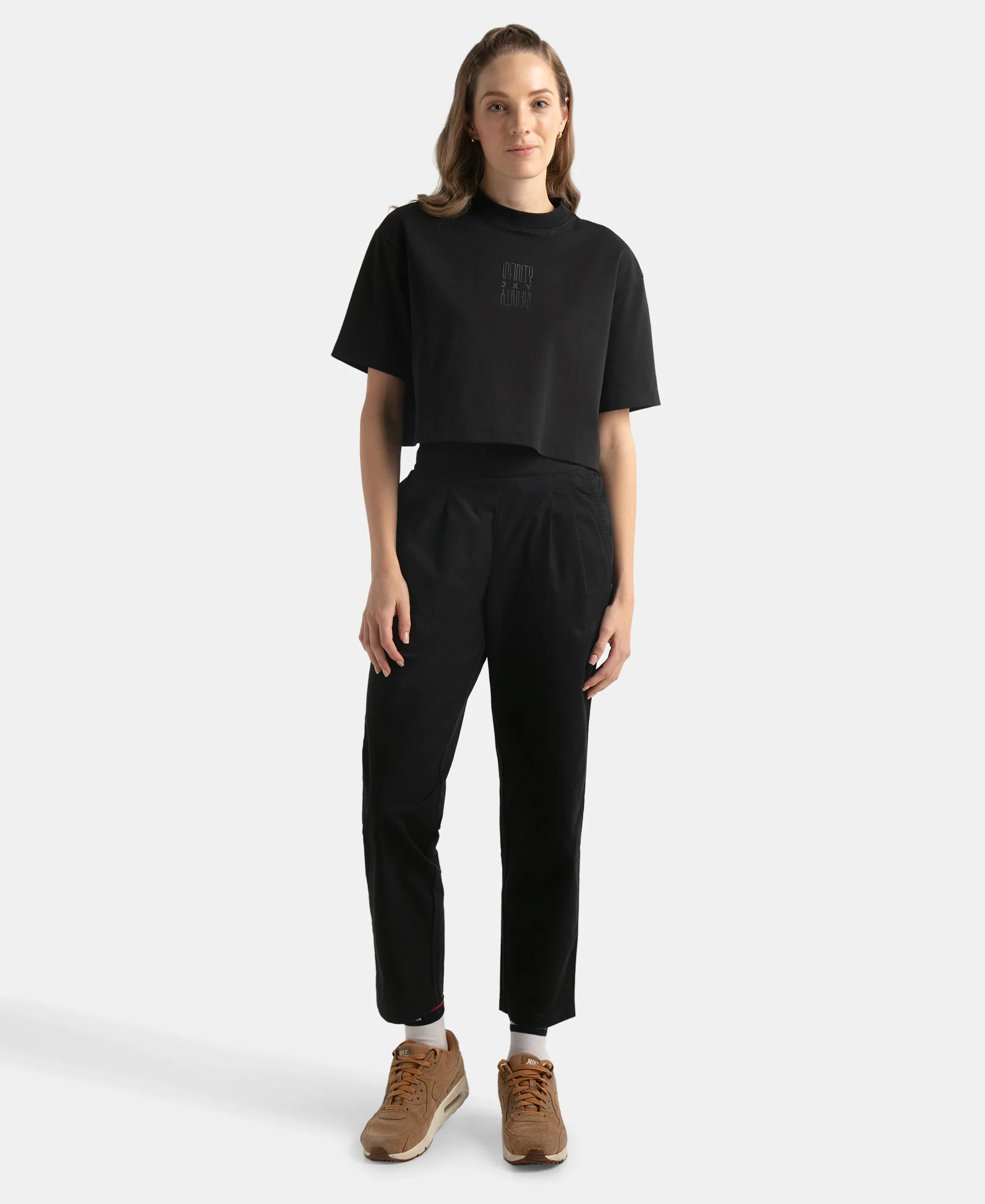 Super Combed Cotton Rich Elastane Stretch Oversized Boxy Fit Crop Top - Deep Black - Image 3
