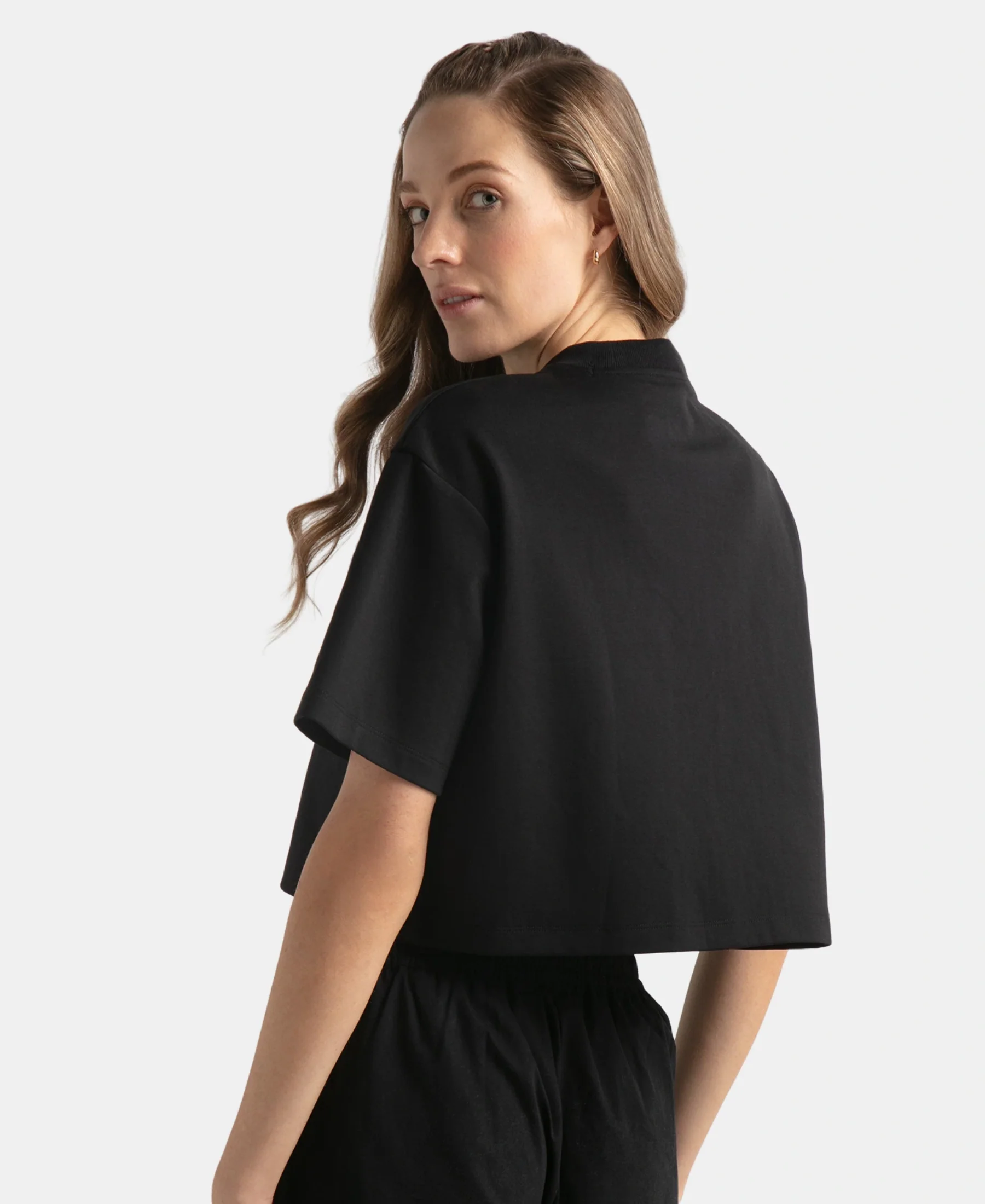 Super Combed Cotton Rich Elastane Stretch Oversized Boxy Fit Crop Top - Deep Black - Image 4