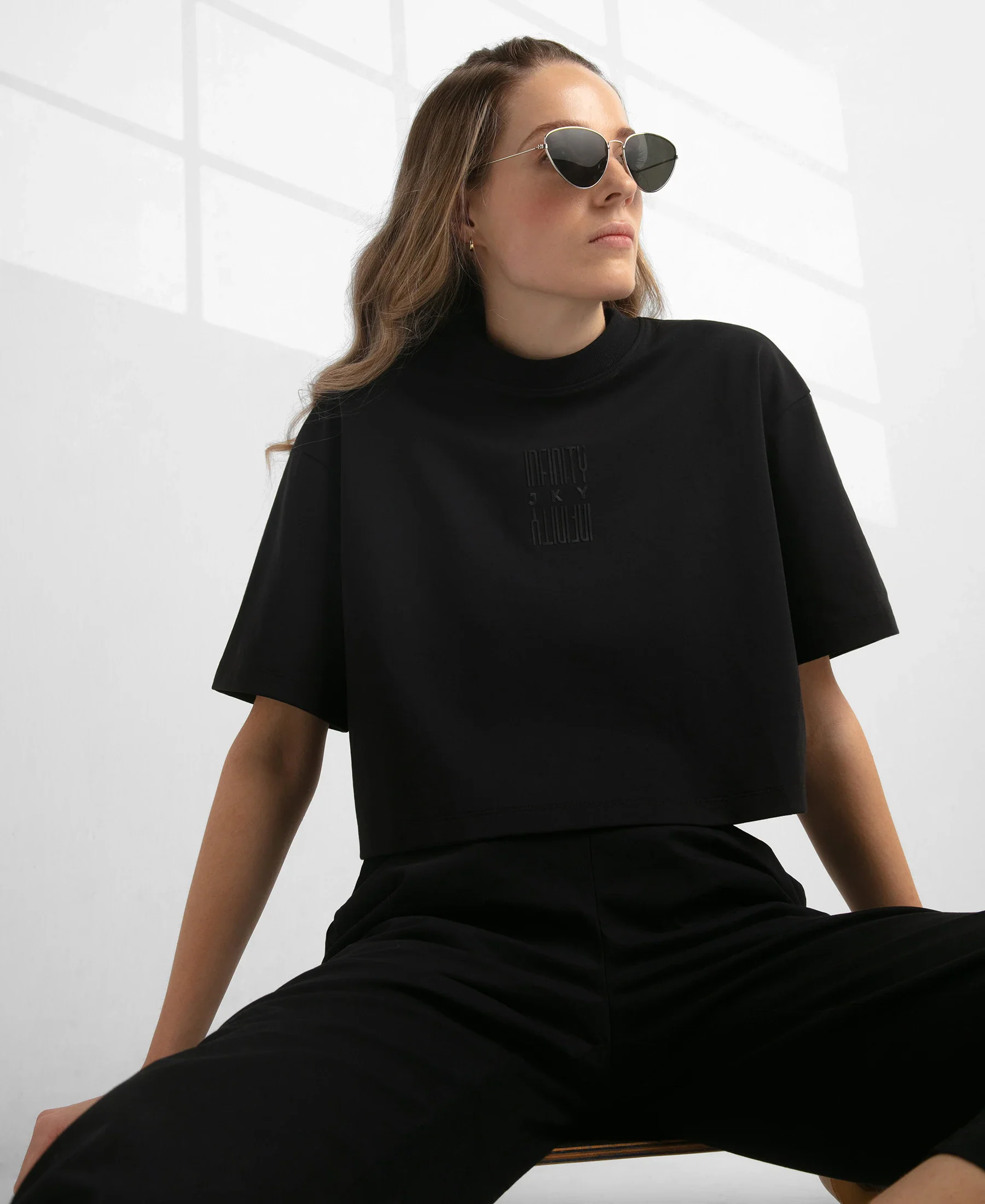 Super Combed Cotton Rich Elastane Stretch Oversized Boxy Fit Crop Top - Deep Black - Image 5