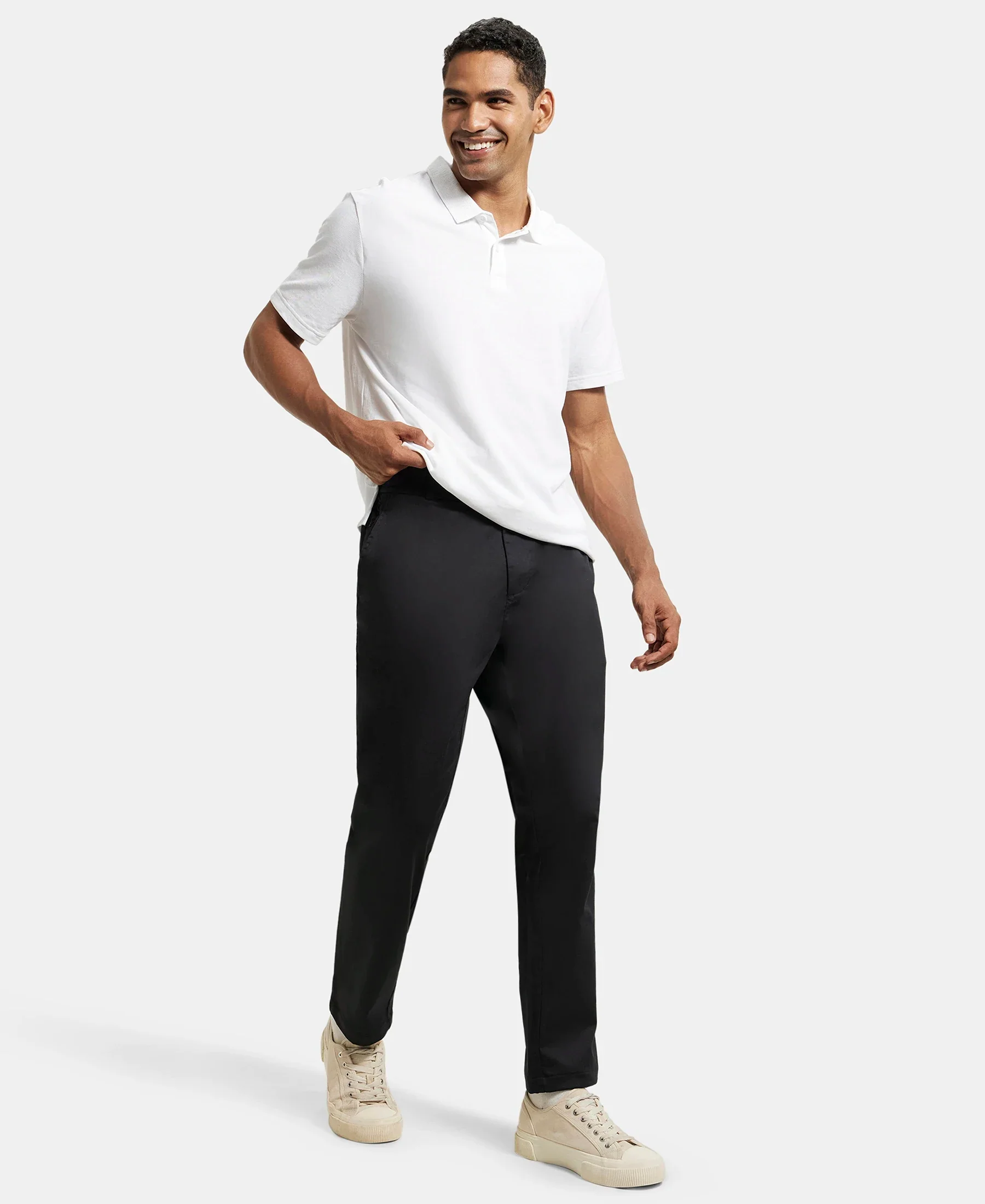 Super Combed Cotton Rich Elastane Stretch Woven Fabric Slim Fit All Day Pants - Black - Image 4