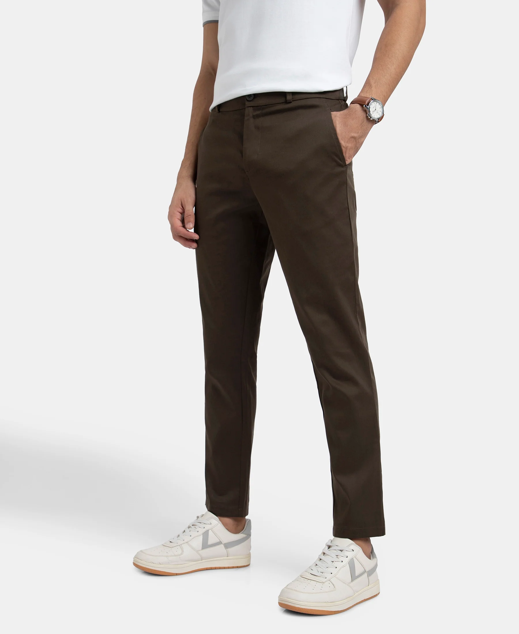 Super Combed Cotton Rich Elastane Stretch Woven Fabric Slim Fit All Day Pants - Black Olive - Image 5