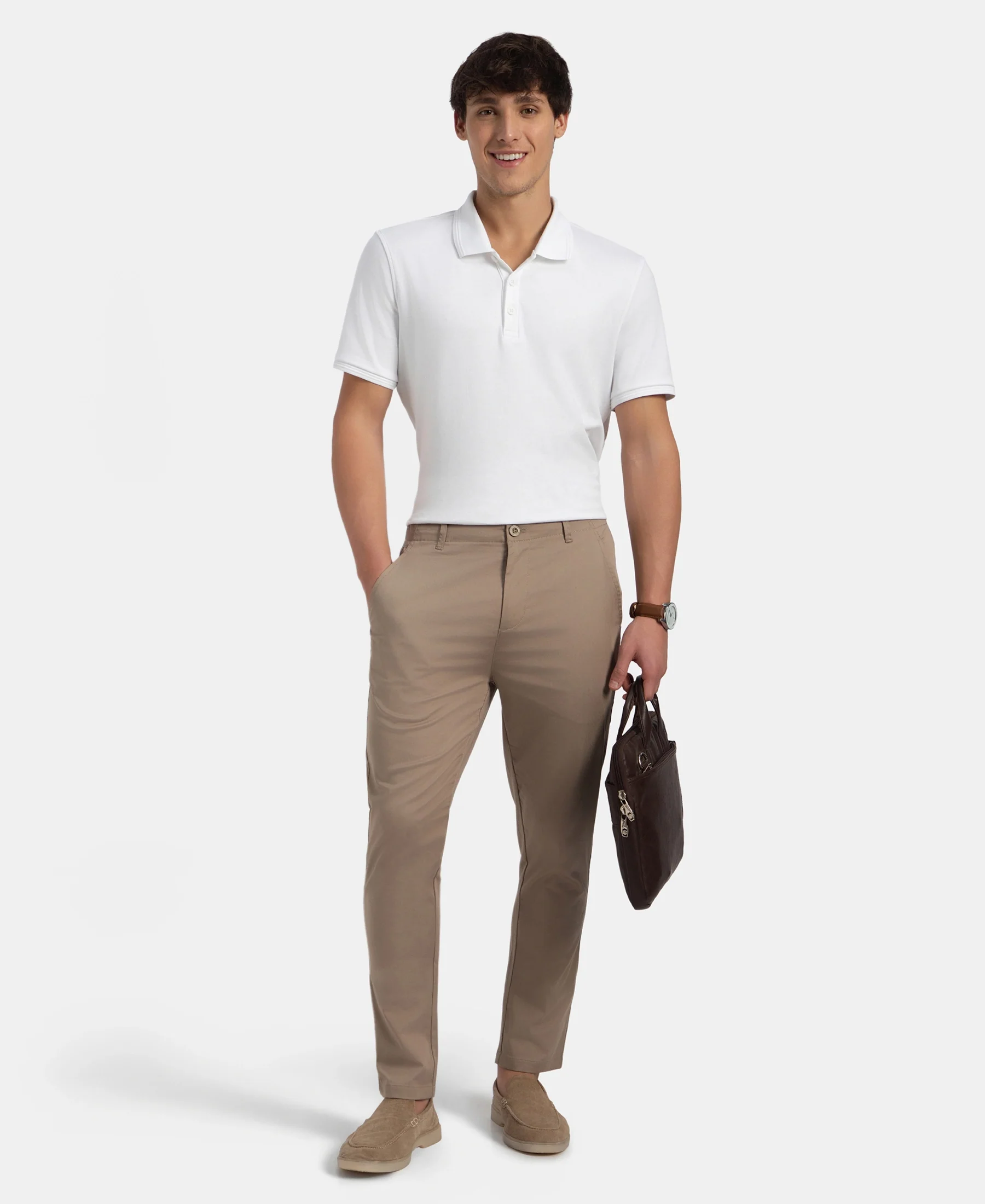 Super Combed Cotton Rich Elastane Stretch Woven Fabric Slim Fit All Day Pants - Desert Taupe - Image 6