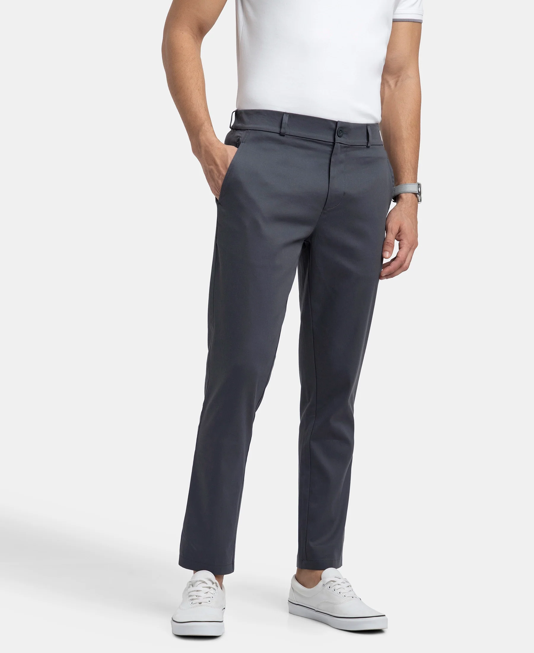 Super Combed Cotton Rich Elastane Stretch Woven Fabric Slim Fit All Day Pants - Graphite - Image 5