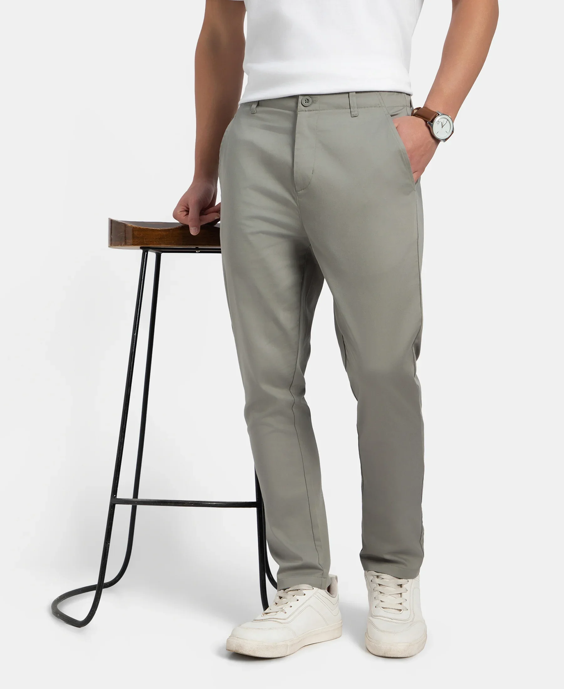 Super Combed Cotton Rich Elastane Stretch Woven Fabric Slim Fit All Day Pants - Moon Mist - Image 5