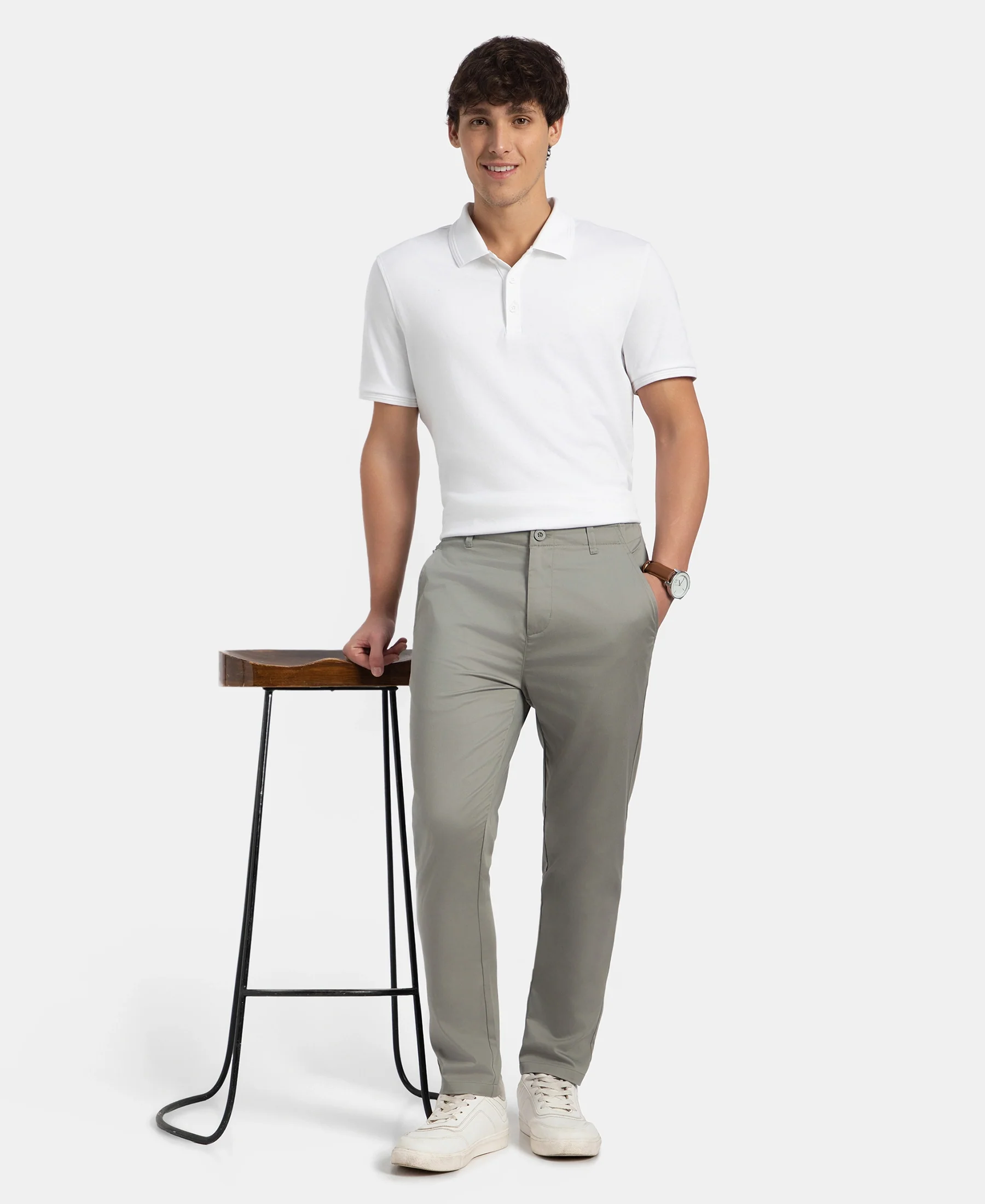 Super Combed Cotton Rich Elastane Stretch Woven Fabric Slim Fit All Day Pants - Moon Mist - Image 6