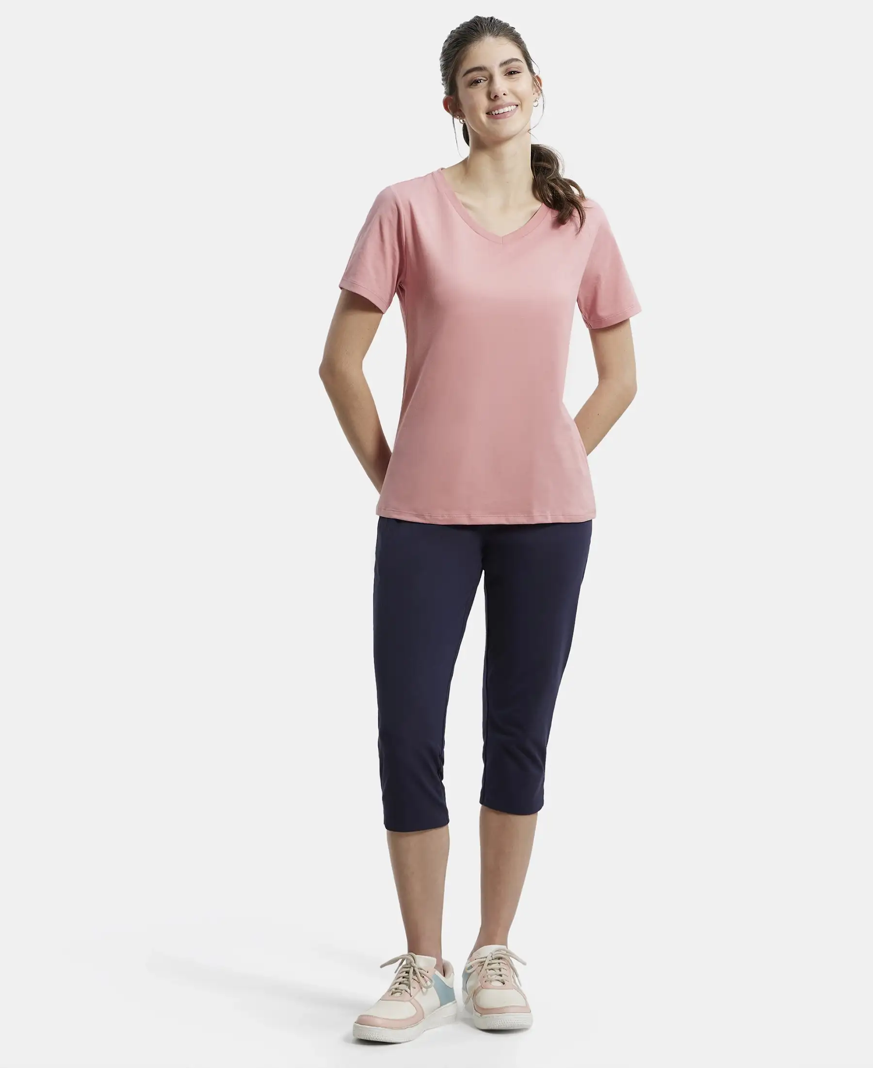 Super Combed Cotton Rich Fabric Relaxed Fit V-Neck Half Sleeve T-Shirt - Brandied Apricot - Image 4