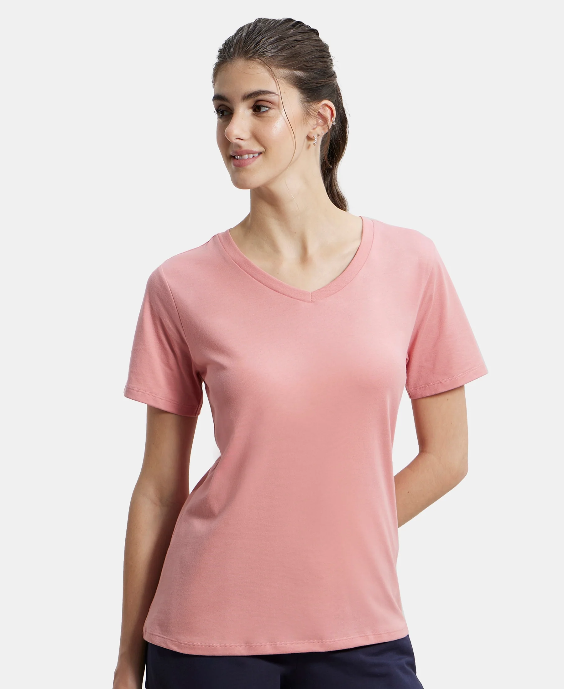 Super Combed Cotton Rich Fabric Relaxed Fit V-Neck Half Sleeve T-Shirt - Brandied Apricot - Image 5