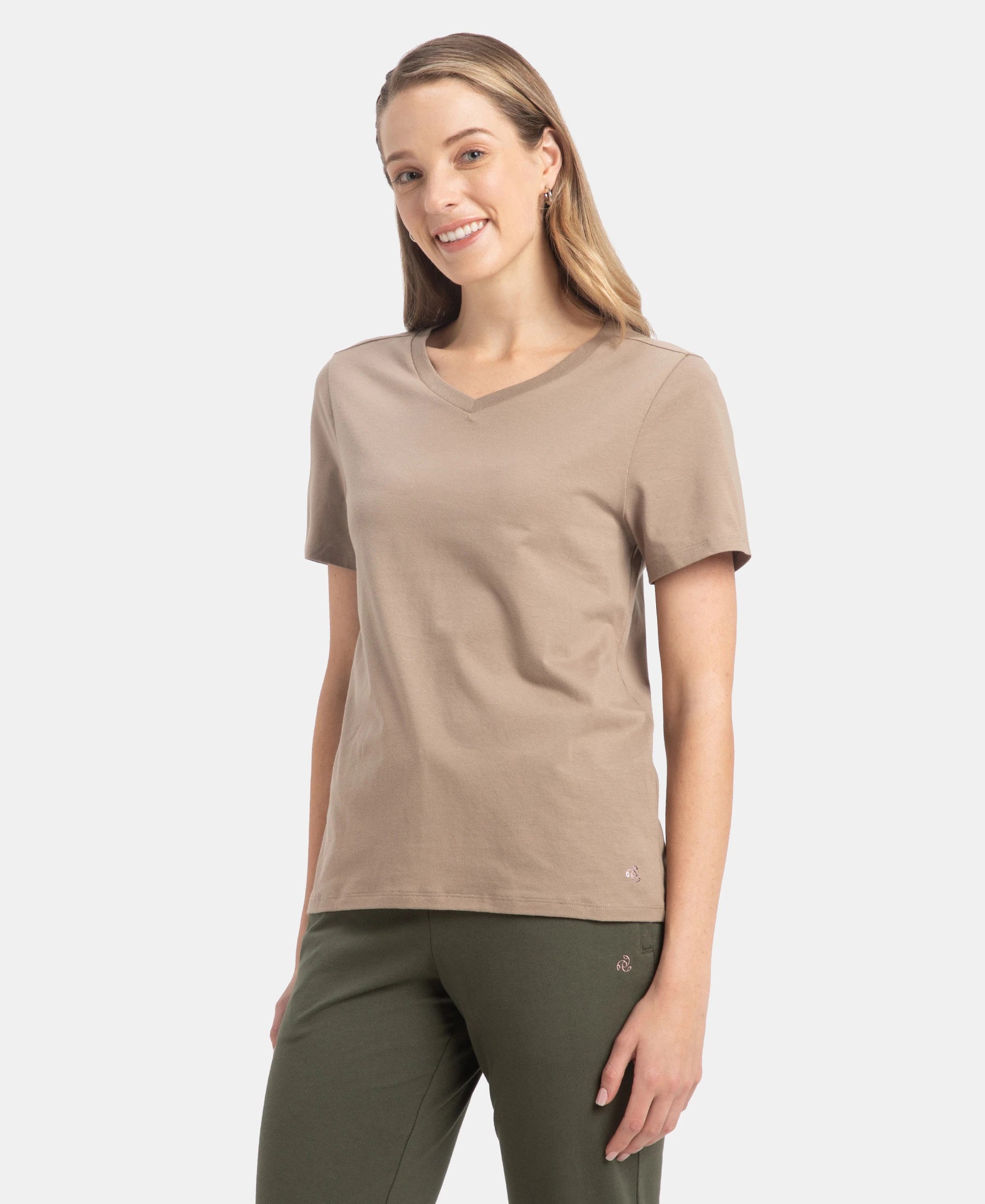 Super Combed Cotton Rich Fabric Relaxed Fit V-Neck Half Sleeve T-Shirt - Desert Taupe - Image 2