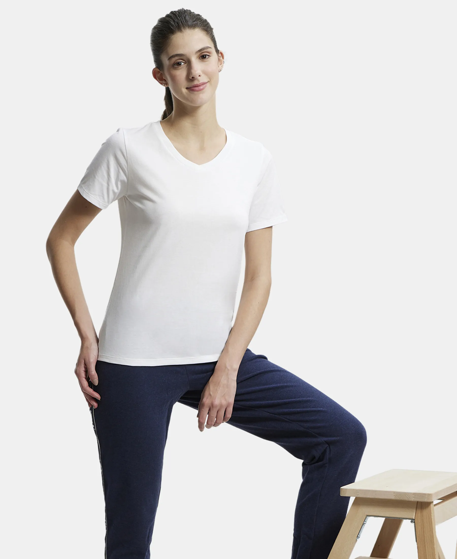Super Combed Cotton Rich Fabric Relaxed Fit V-Neck Half Sleeve T-Shirt - White - Image 5