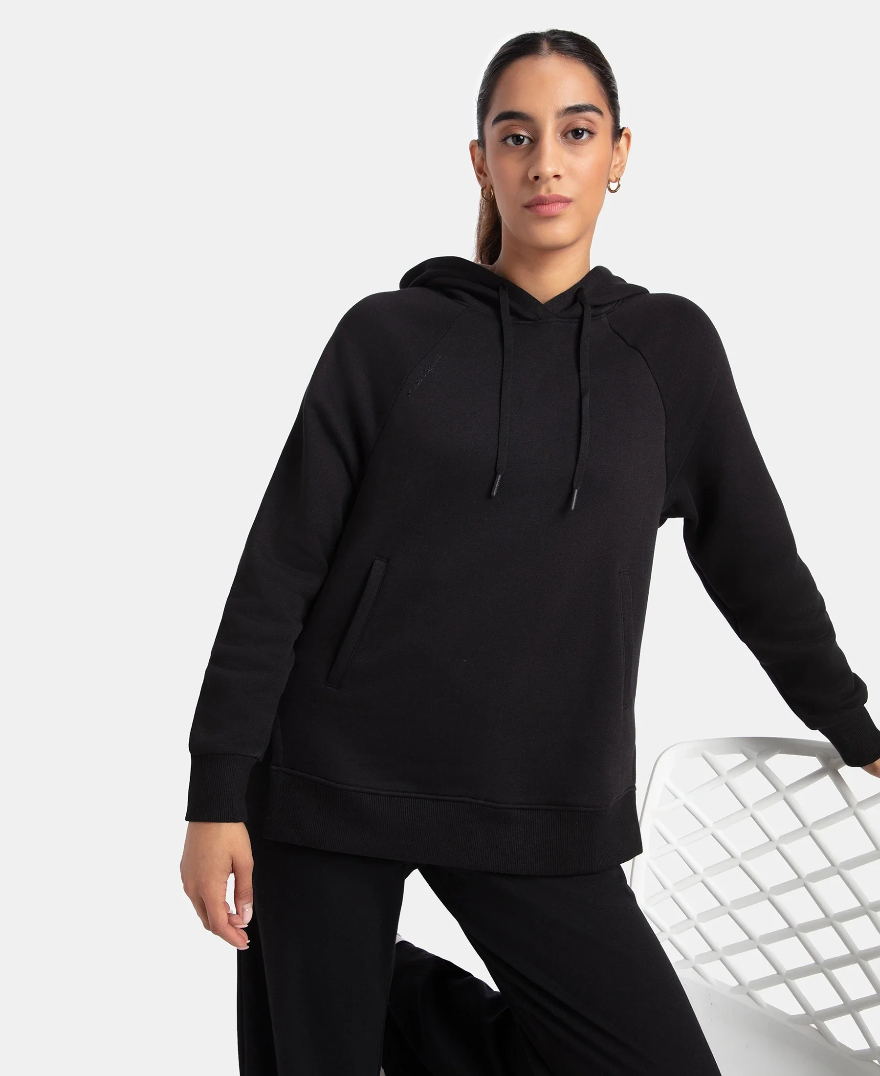 Super Combed Cotton Rich Fleece Fabric Raglan Sleeve Hoodie Sweatshirt - Black - Image 5