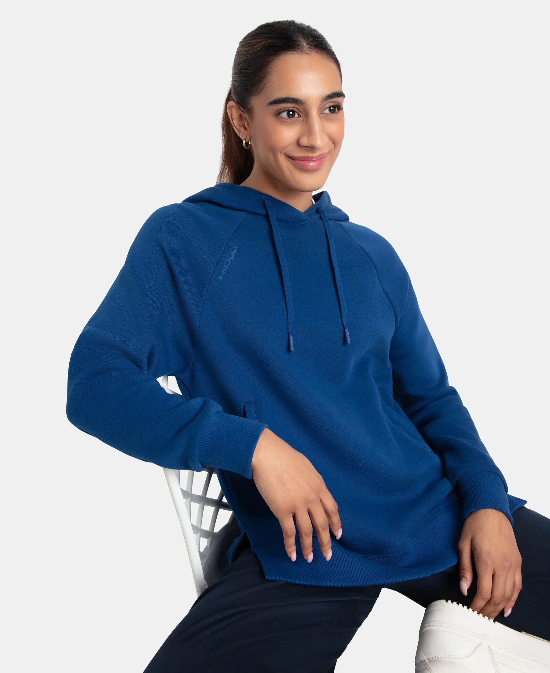 Super Combed Cotton Rich Fleece Fabric Raglan Sleeve Hoodie Sweatshirt - Navy Peony - Image 5
