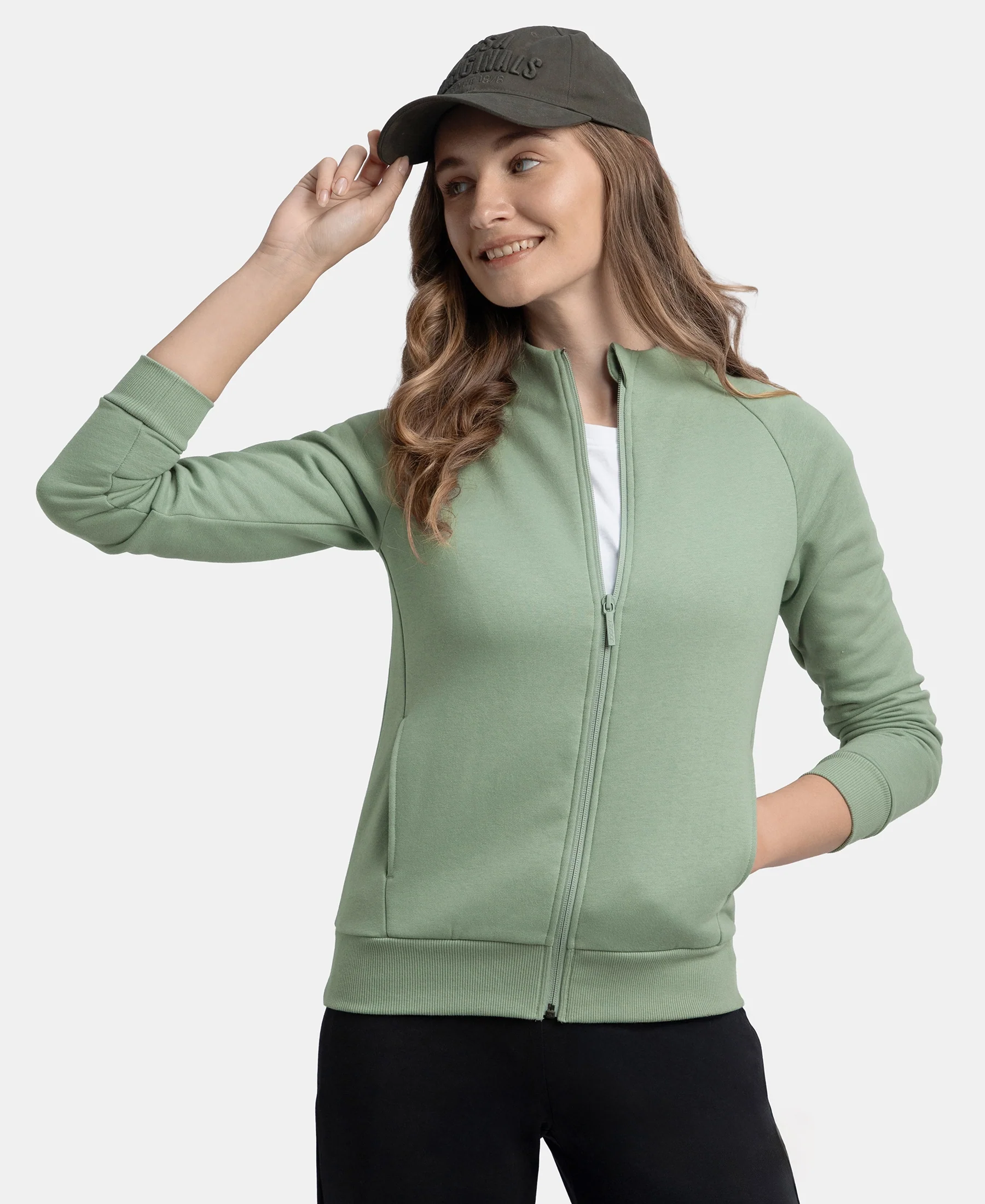 Super Combed Cotton Rich Fleece Fabric Full Zip High Neck Jacket with Front Pockets - Iceberg Green - Image 5