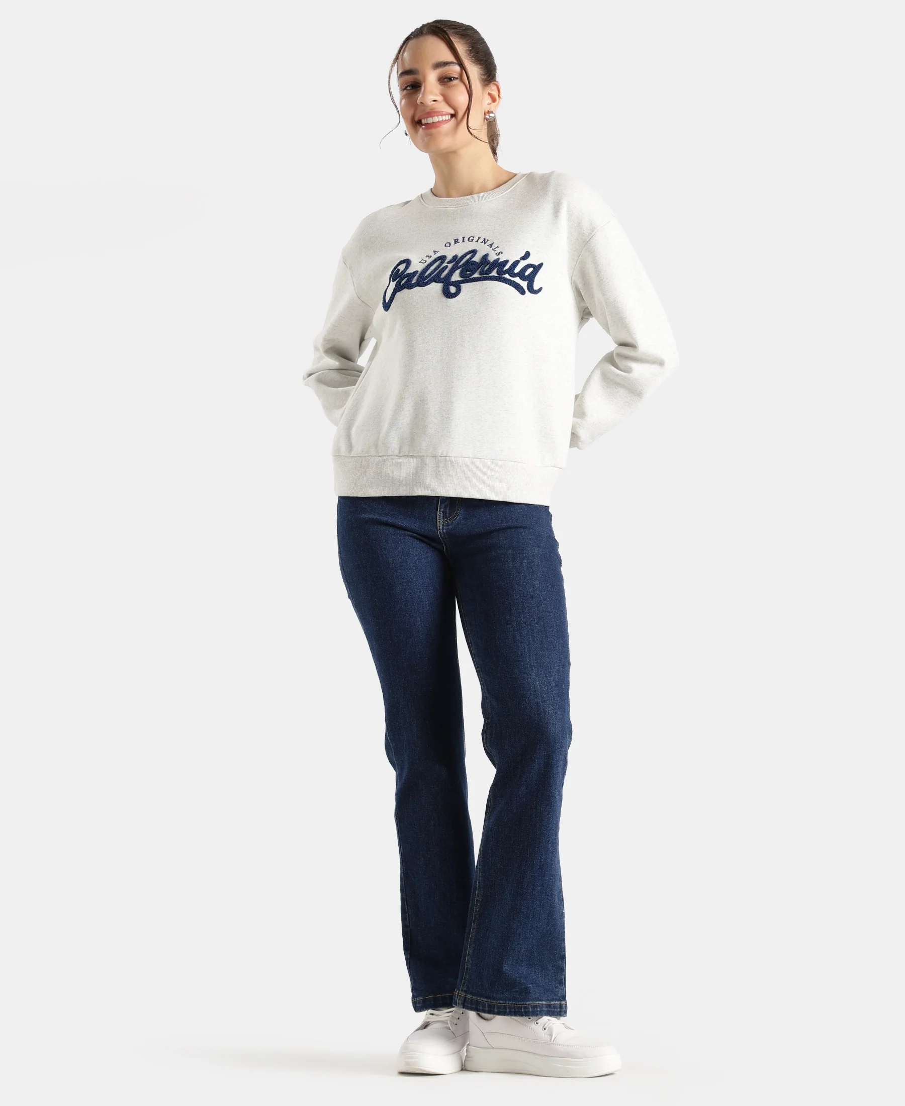 Super Combed Cotton Rich Fleece Fabric Oversized Printed Sweatshirt with StayWarm Tech - Off White Melange - Image 4