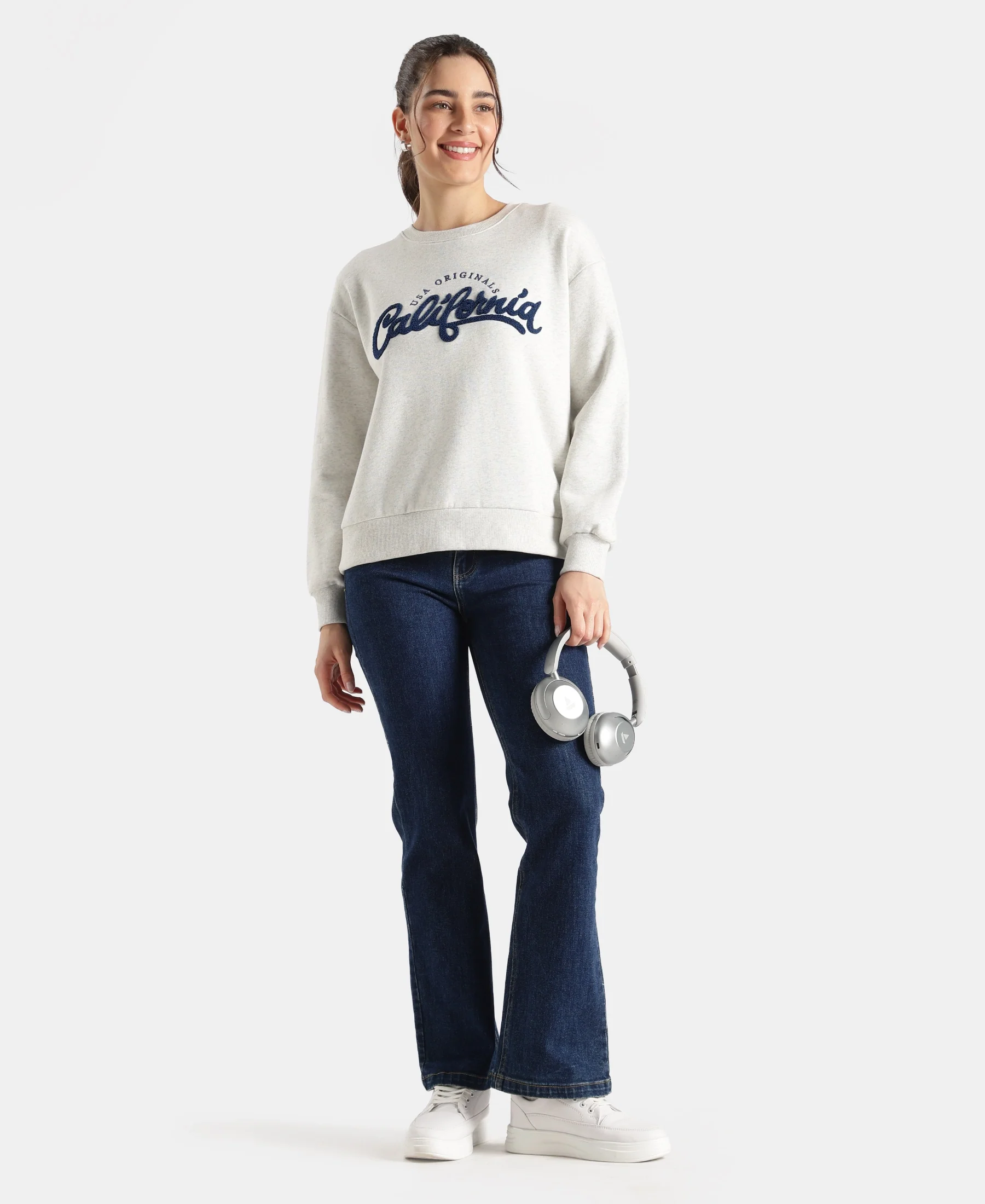 Super Combed Cotton Rich Fleece Fabric Oversized Printed Sweatshirt with StayWarm Tech - Off White Melange - Image 6