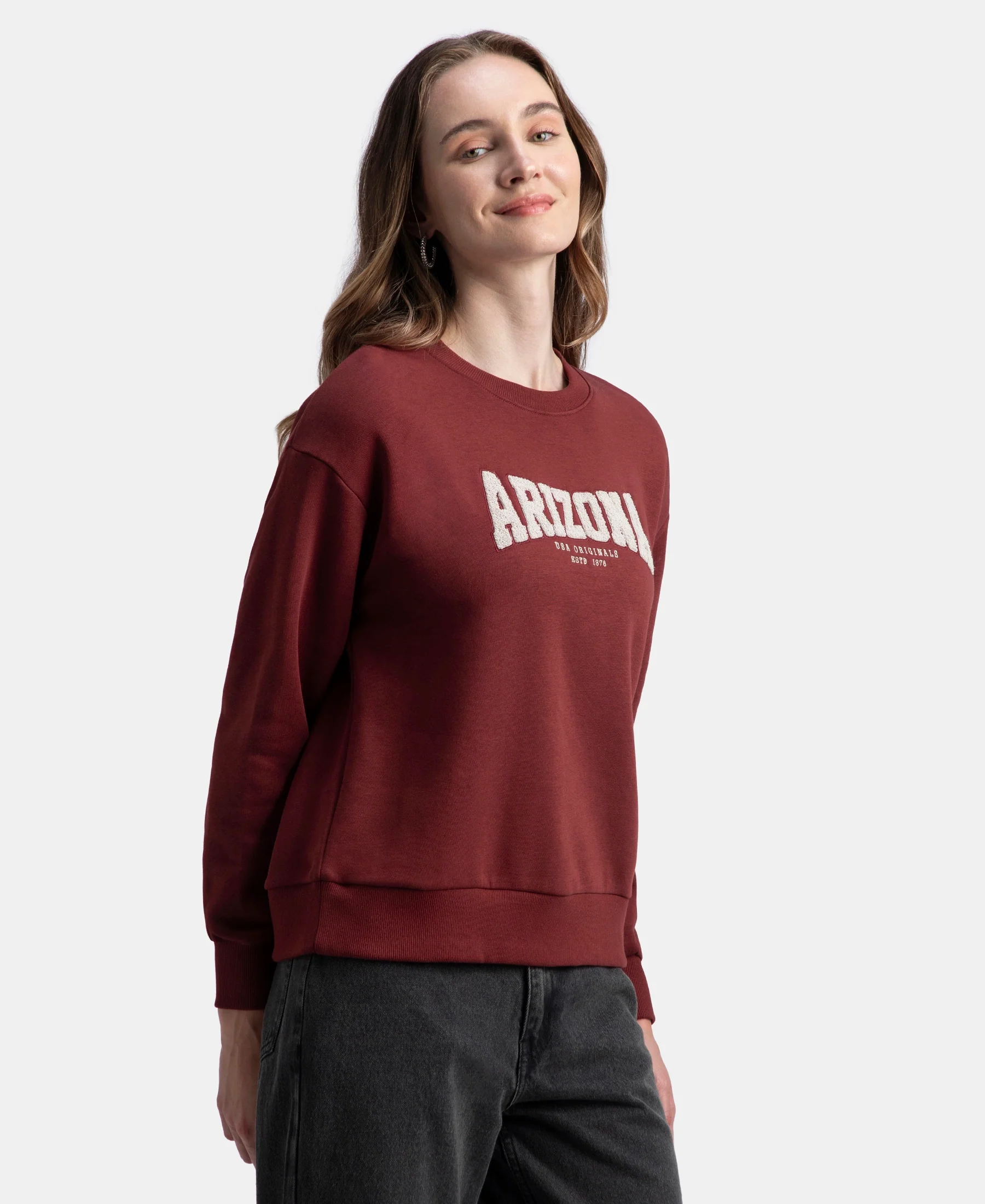 Super Combed Cotton Rich Fleece Fabric Oversized Printed Sweatshirt with StayWarm Tech - Pomegranate - Image 2