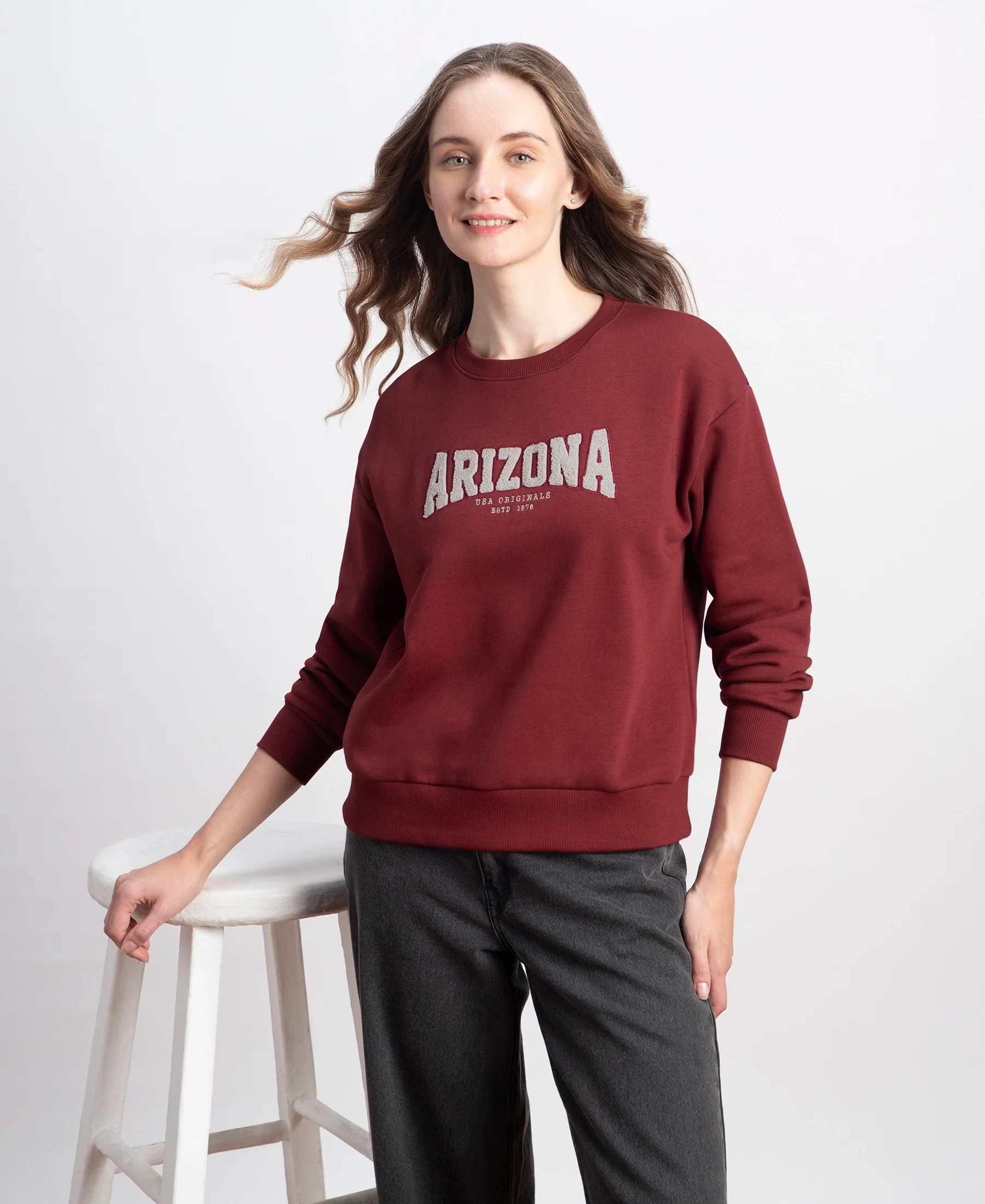 Super Combed Cotton Rich Fleece Fabric Oversized Printed Sweatshirt with StayWarm Tech - Pomegranate - Image 5