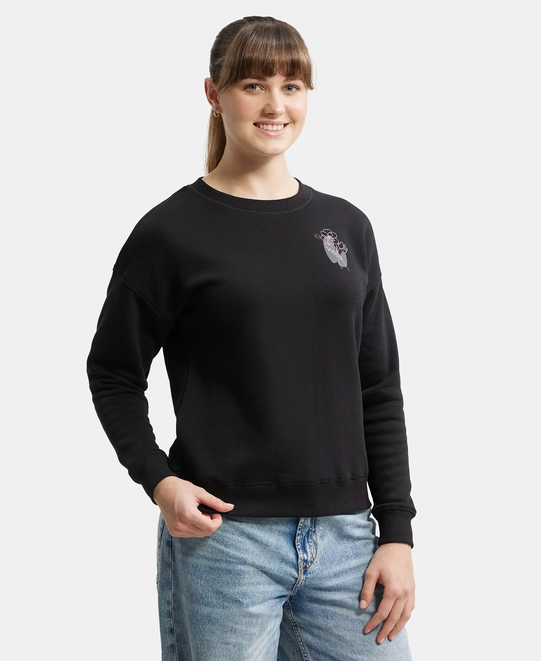 Super Combed Cotton Rich Fleece Fabric Printed Sweatshirt with Drop Shoulder Styling - Black