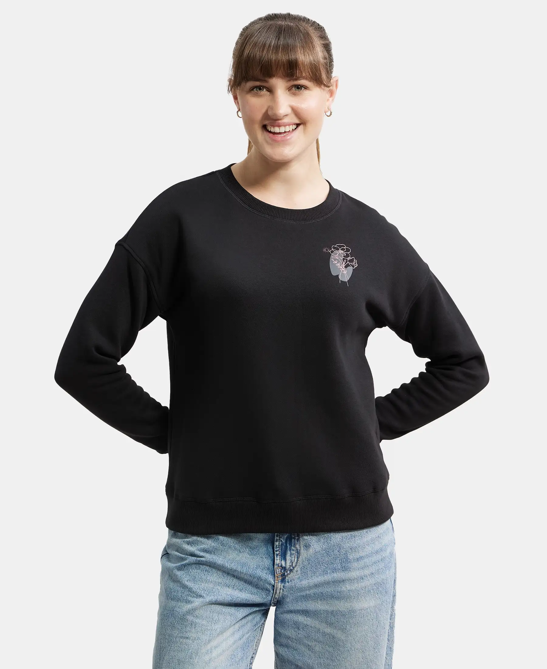 Super Combed Cotton Rich Fleece Fabric Printed Sweatshirt with Drop Shoulder Styling - Black - Image 2