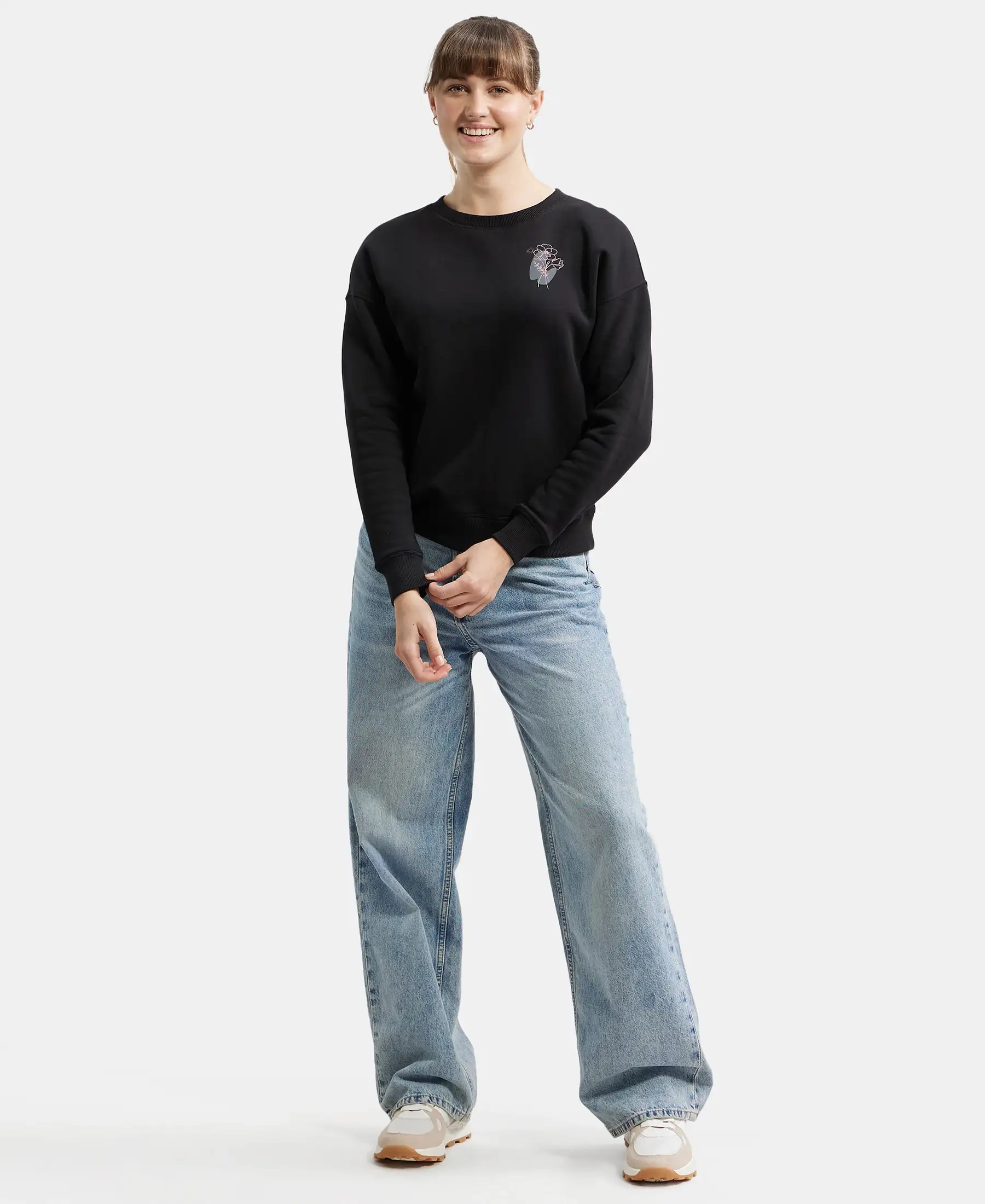 Super Combed Cotton Rich Fleece Fabric Printed Sweatshirt with Drop Shoulder Styling - Black - Image 4