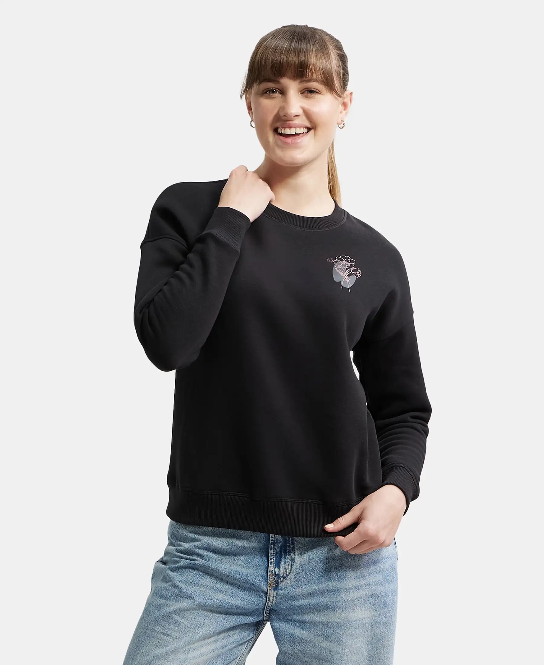 Super Combed Cotton Rich Fleece Fabric Printed Sweatshirt with Drop Shoulder Styling - Black - Image 5