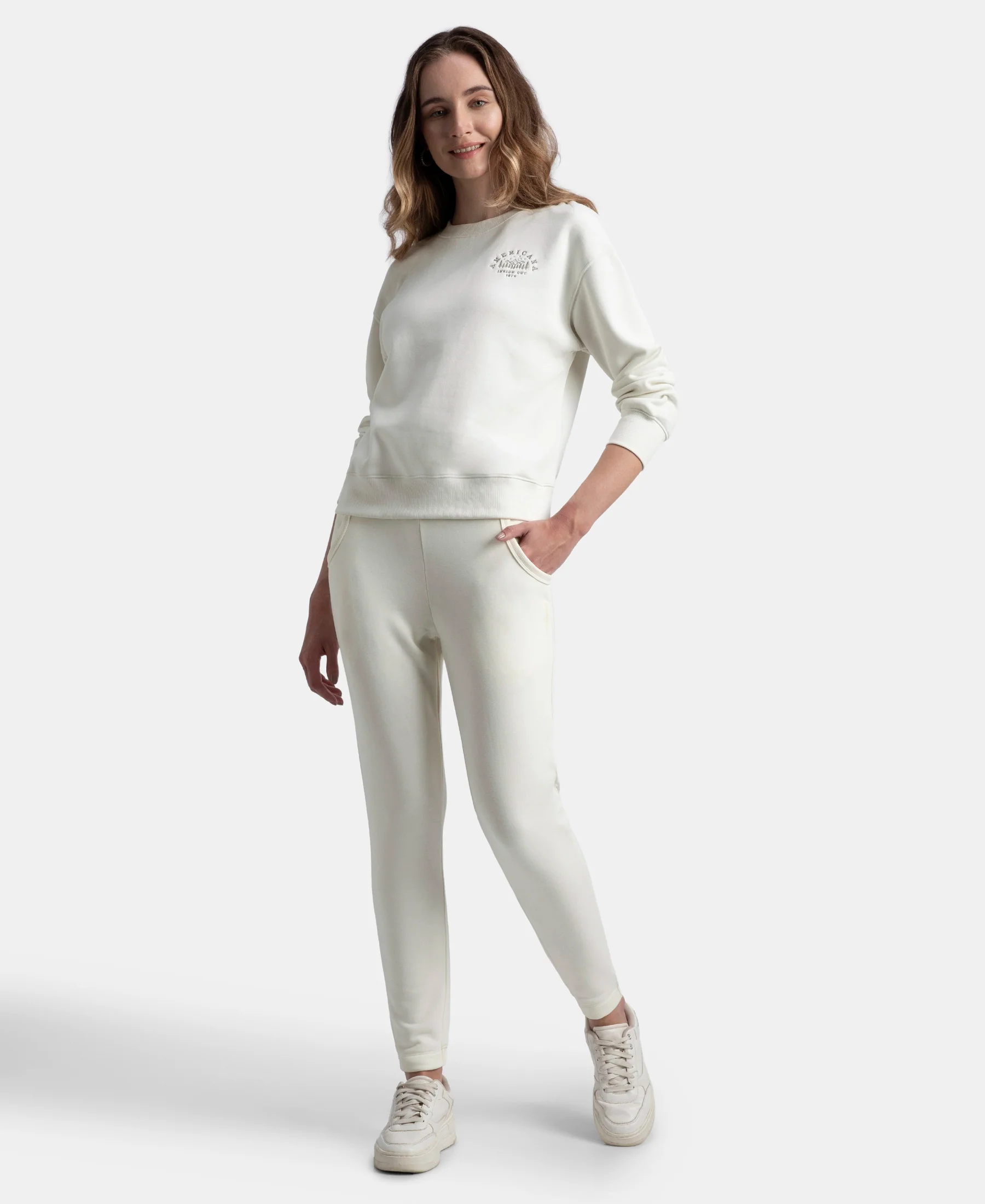 Super Combed Cotton Rich Fleece Fabric Printed Sweatshirt with Drop Shoulder Styling - Cannoli Cream - Image 4
