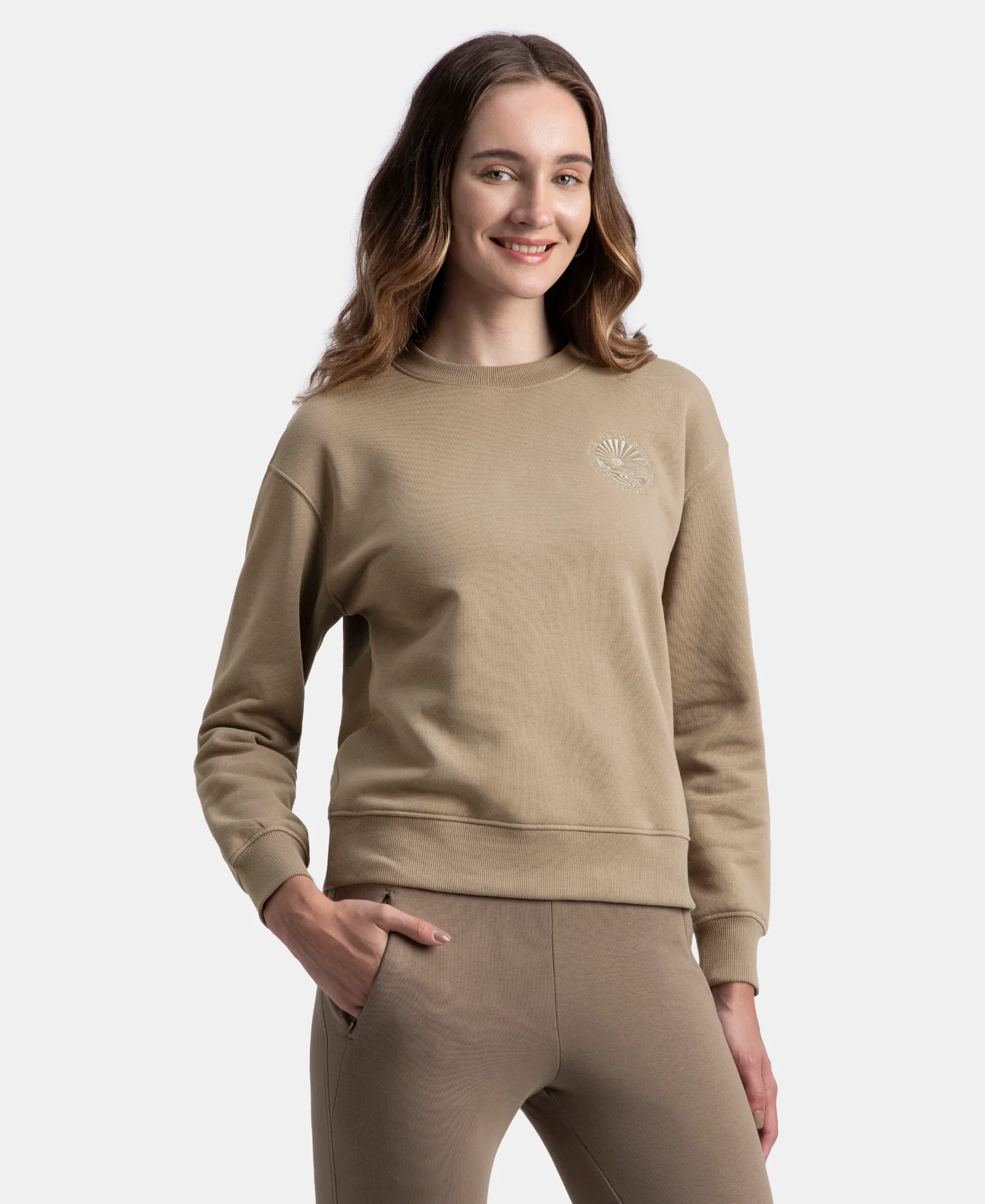 Super Combed Cotton Rich Fleece Fabric Printed Sweatshirt with Drop Shoulder Styling - Desert Taupe - Image 2