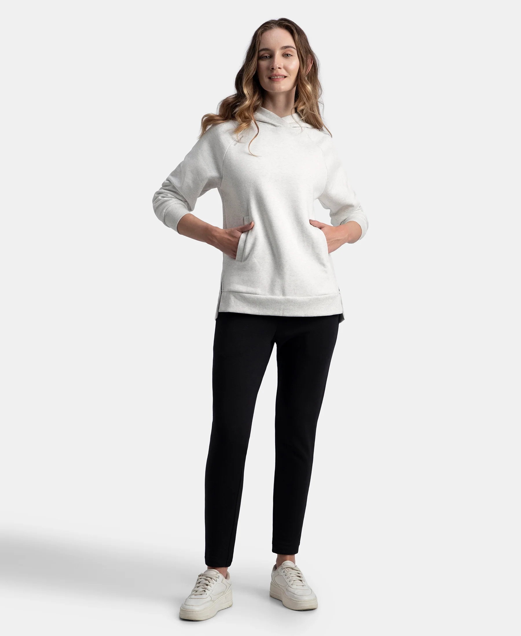 Super Combed Cotton Rich Fleece Fabric Raglan Sleeve Hoodie Sweatshirt - Off White Melange - Image 4