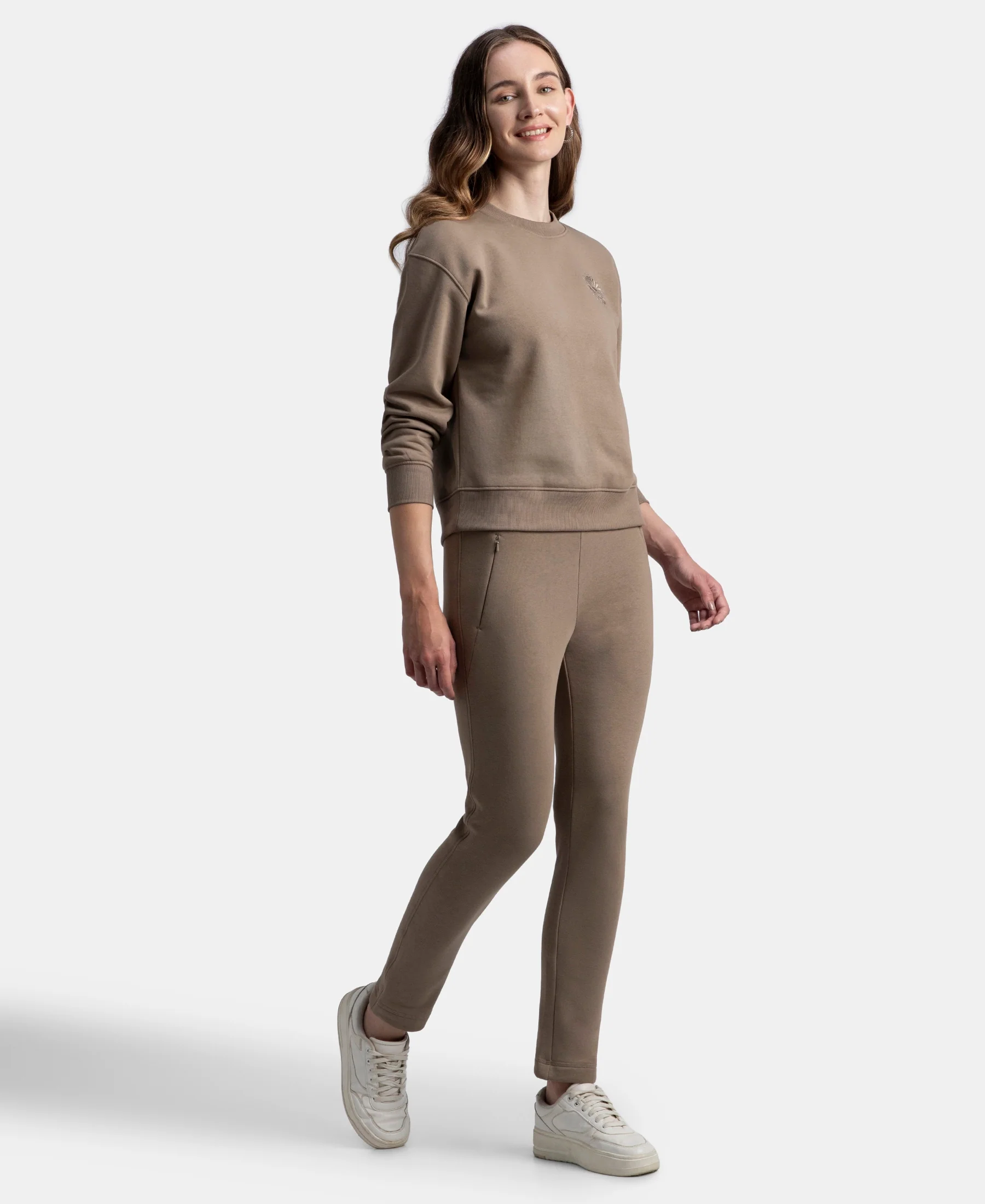 Super Combed Cotton Rich Fleece Fabric Straight Fit Trackpants with Zipper Pockets - Desert Taupe - Image 4