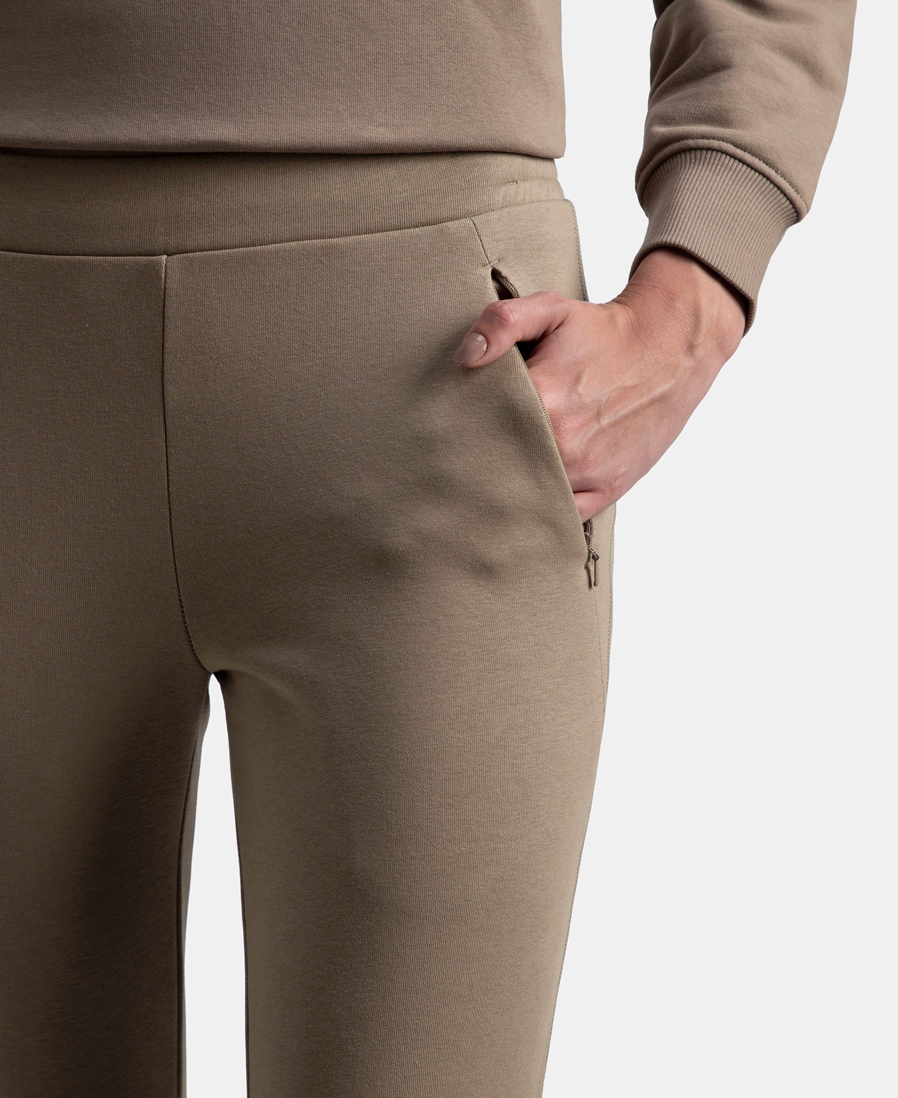 Super Combed Cotton Rich Fleece Fabric Straight Fit Trackpants with Zipper Pockets - Desert Taupe - Image 7
