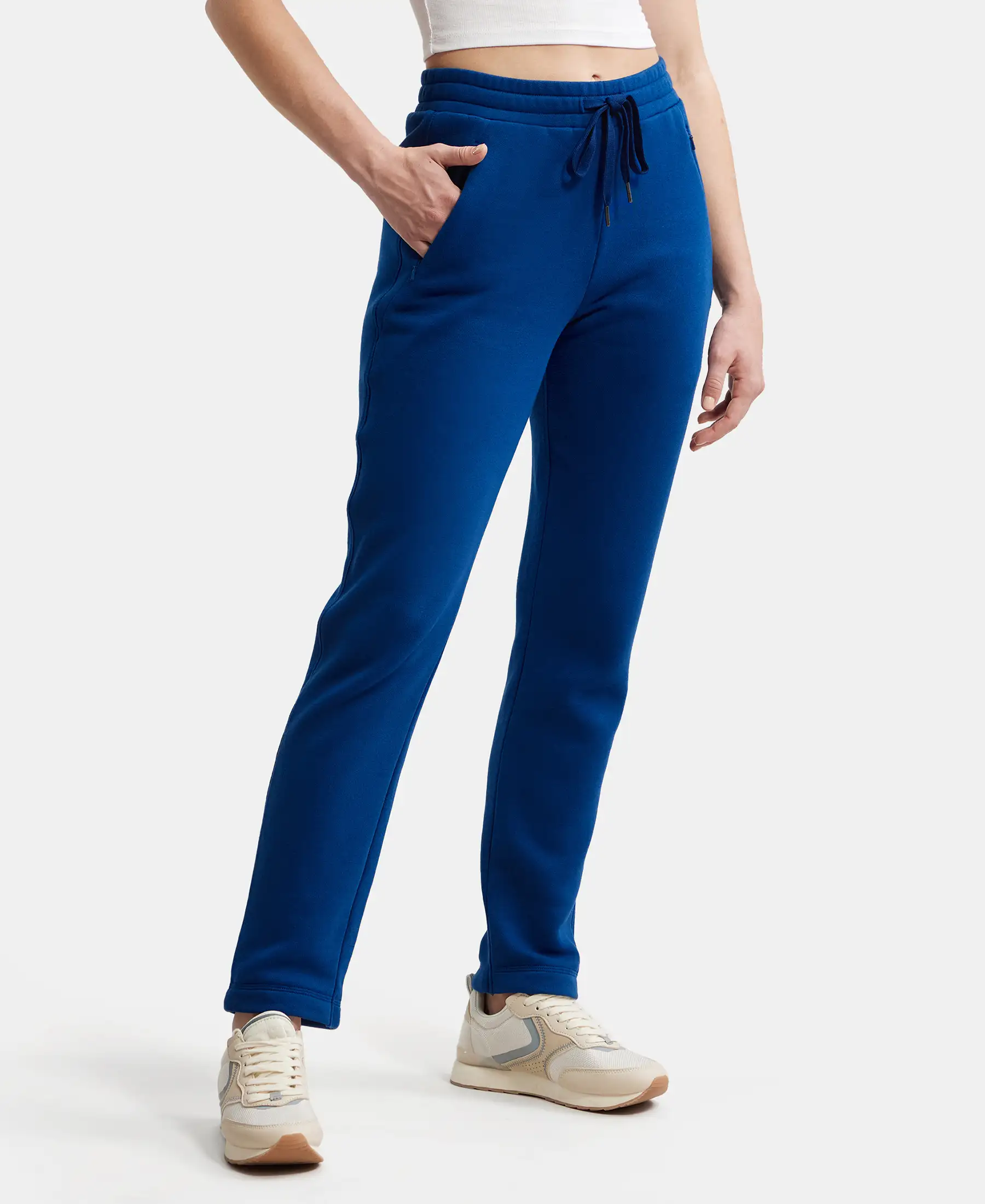 Super Combed Cotton Rich Fleece Fabric Straight Fit Trackpants with Zipper Pockets - Navy Peony - Image 2