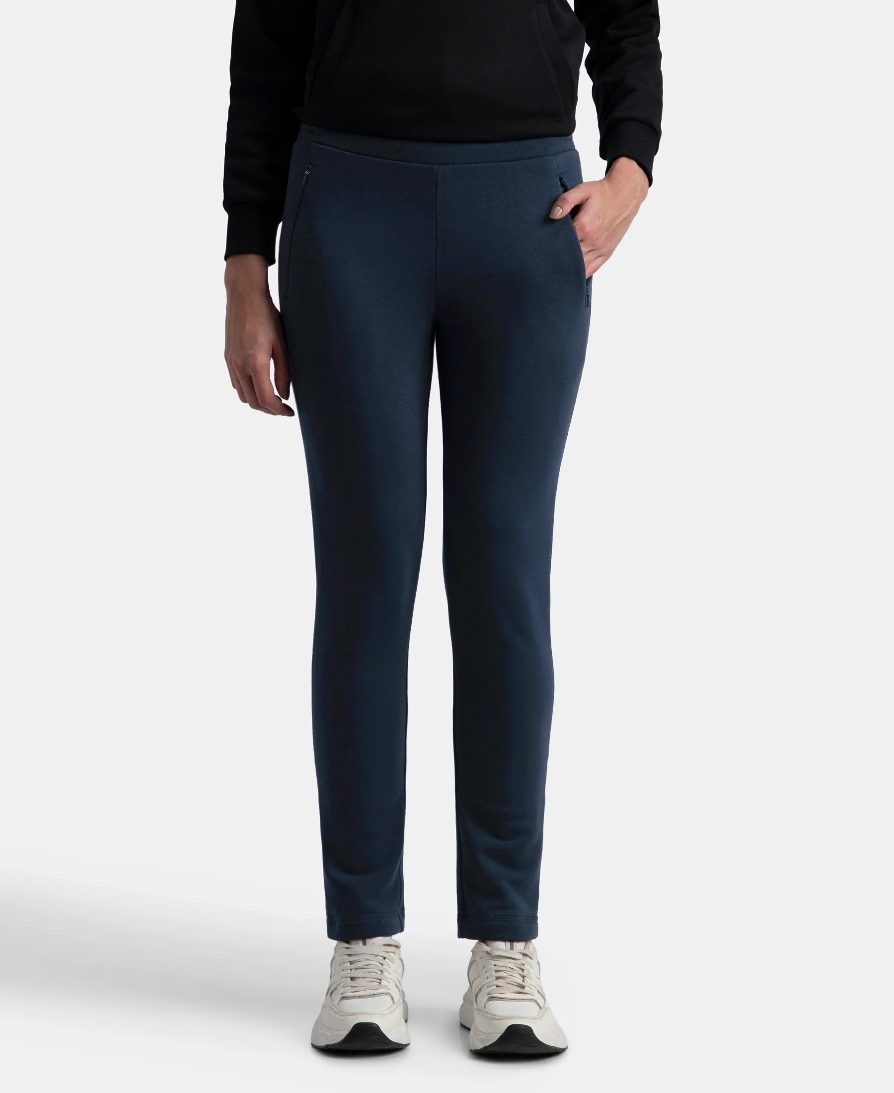 Super Combed Cotton Rich Fleece Fabric Straight Fit Trackpants with Zipper Pockets - Navy
