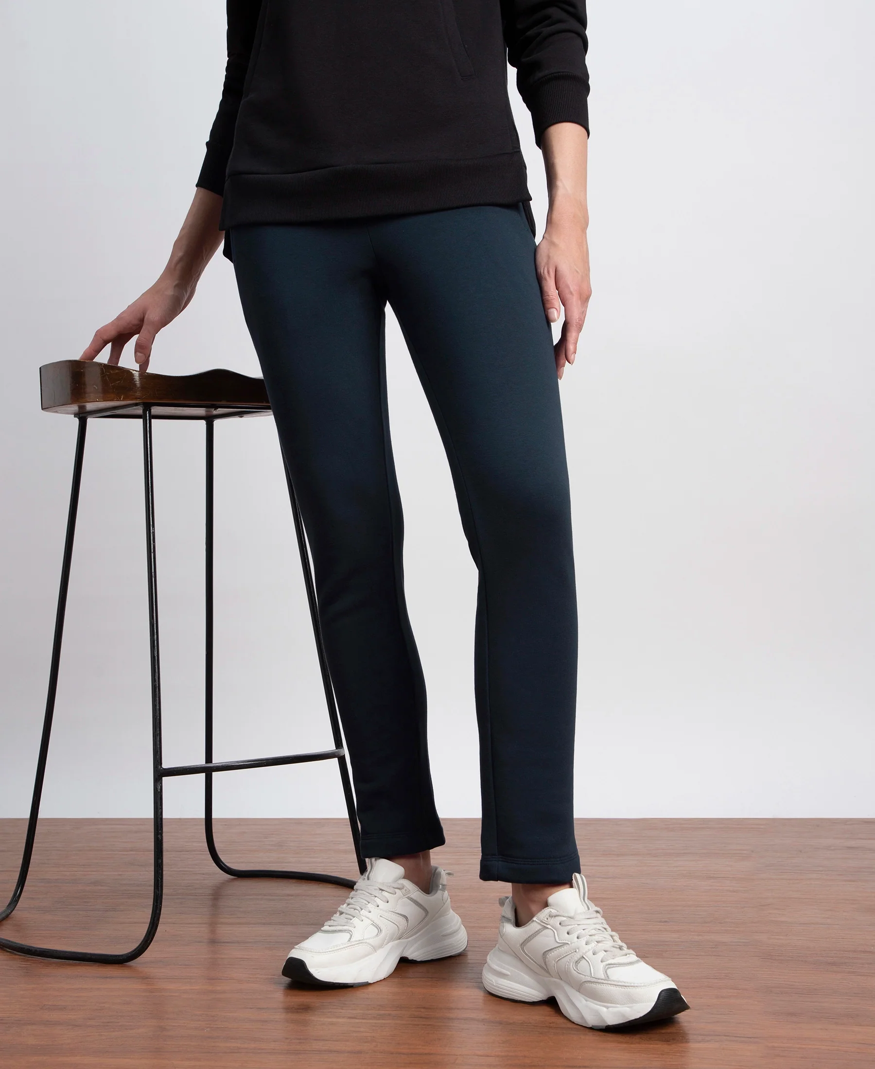 Super Combed Cotton Rich Fleece Fabric Straight Fit Trackpants with Zipper Pockets - Navy - Image 5