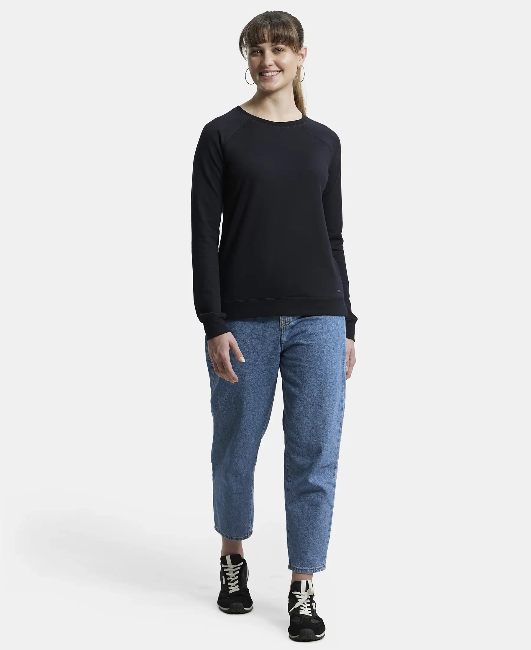 Super Combed Cotton Rich French Terry Fabric Solid Sweatshirt with Raglan Sleeve Styling - Black - Image 4