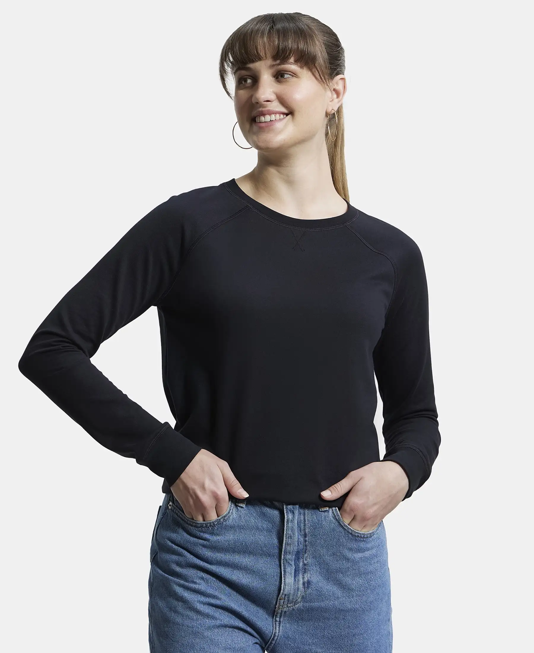 Super Combed Cotton Rich French Terry Fabric Solid Sweatshirt with Raglan Sleeve Styling - Black - Image 5