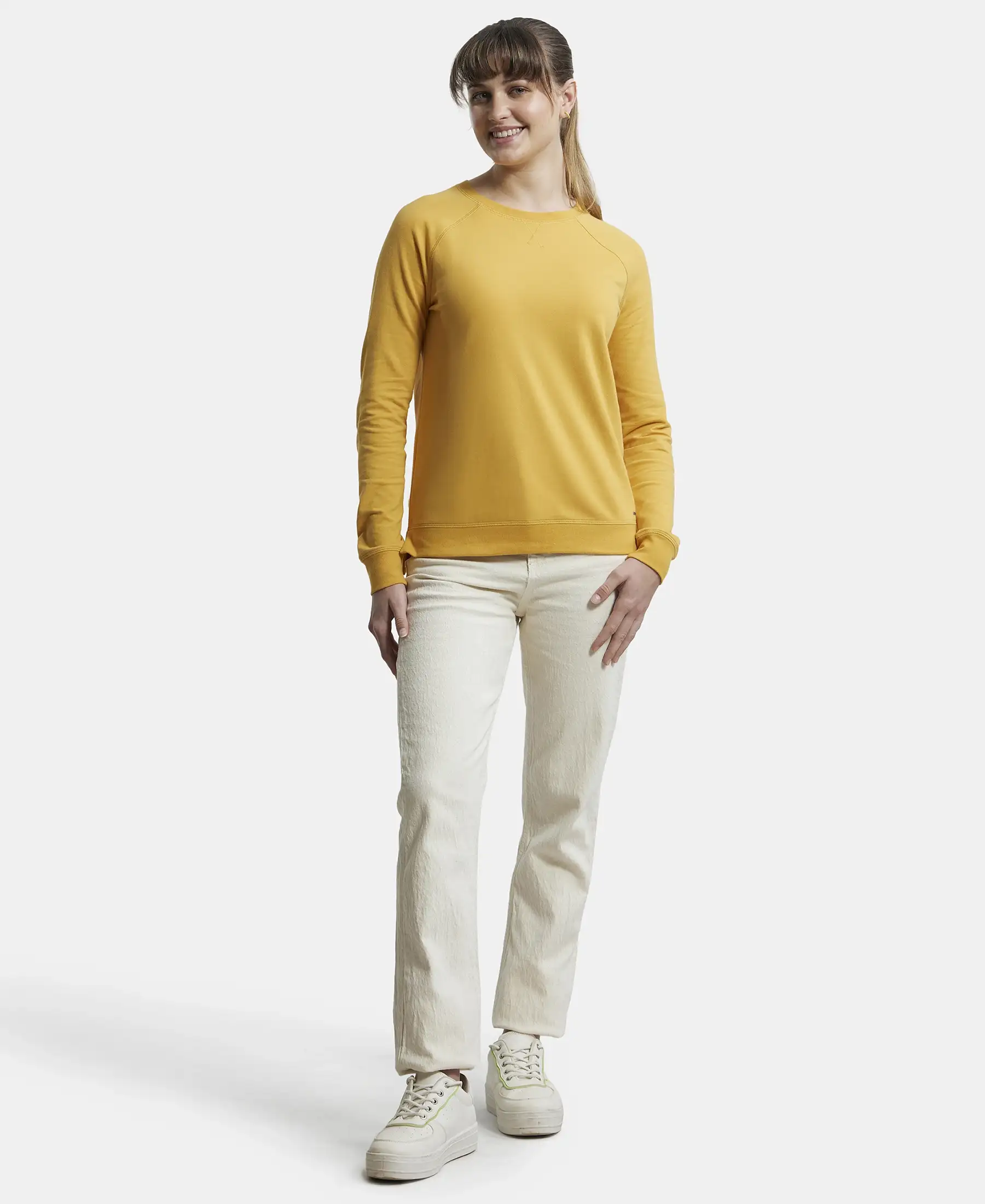 Super Combed Cotton Rich French Terry Fabric Solid Sweatshirt with Raglan Sleeve Styling - Honey Gold - Image 4