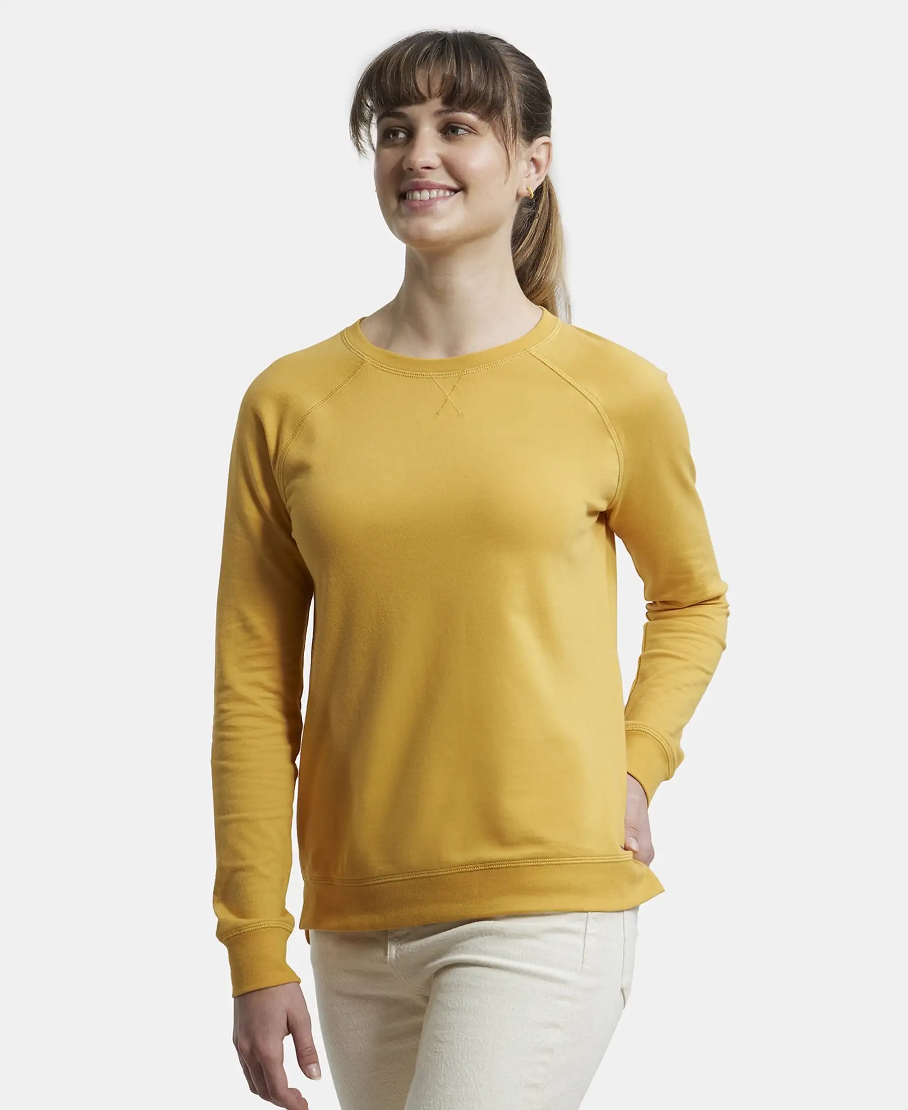Super Combed Cotton Rich French Terry Fabric Solid Sweatshirt with Raglan Sleeve Styling - Honey Gold - Image 5