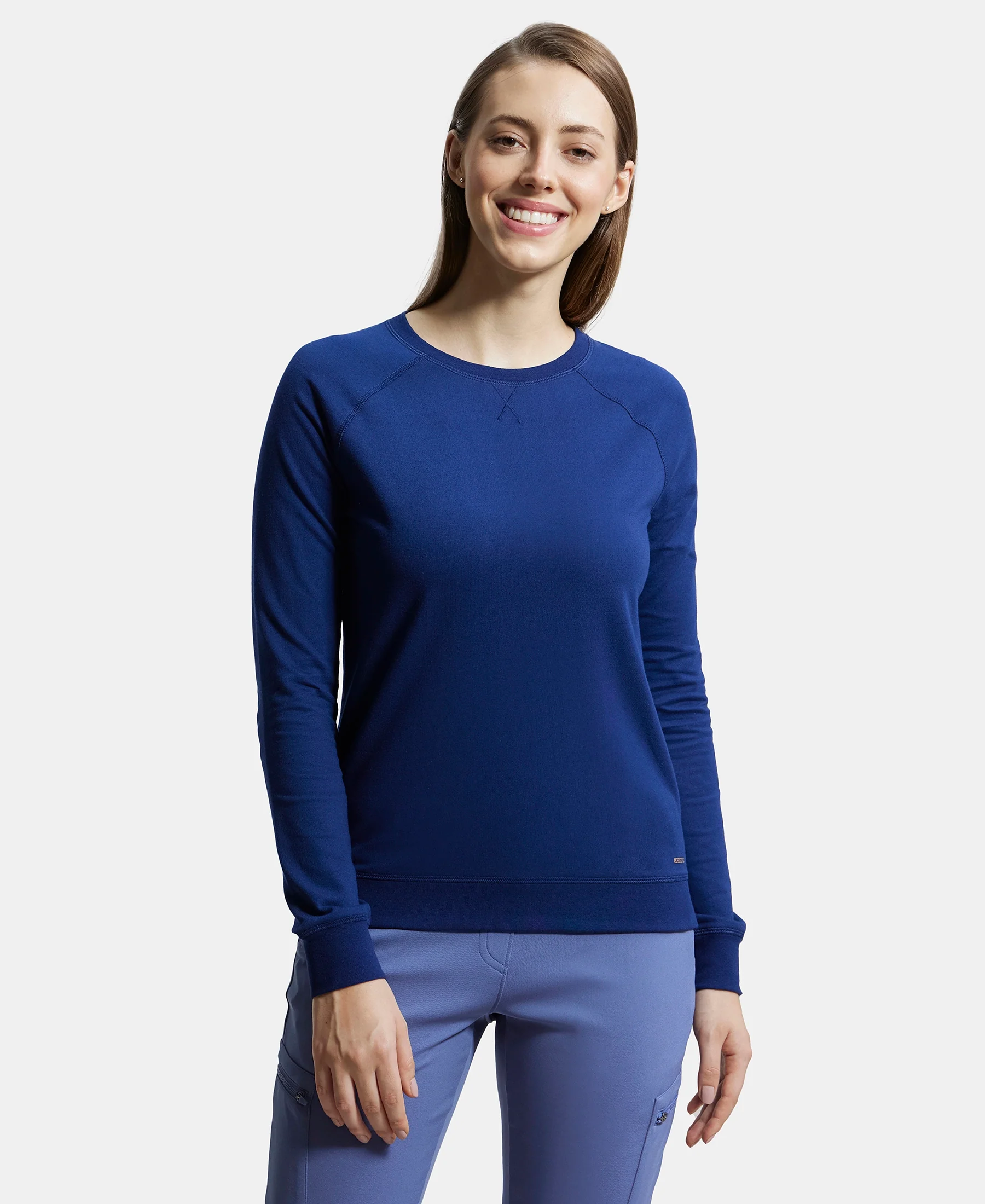 Super Combed Cotton Rich French Terry Fabric Solid Sweatshirt with Raglan Sleeve Styling - Medieval Blue