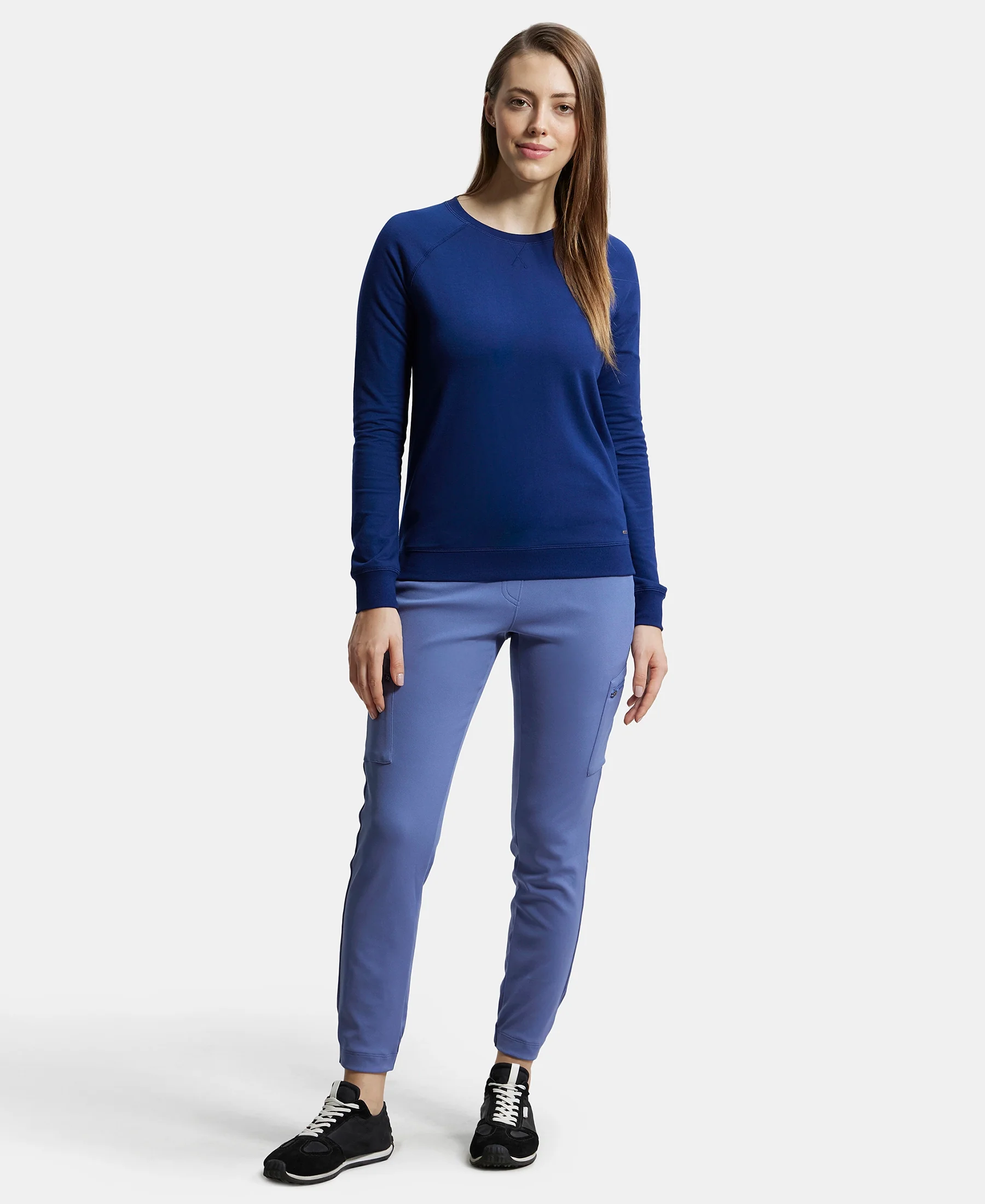 Super Combed Cotton Rich French Terry Fabric Solid Sweatshirt with Raglan Sleeve Styling - Medieval Blue - Image 4