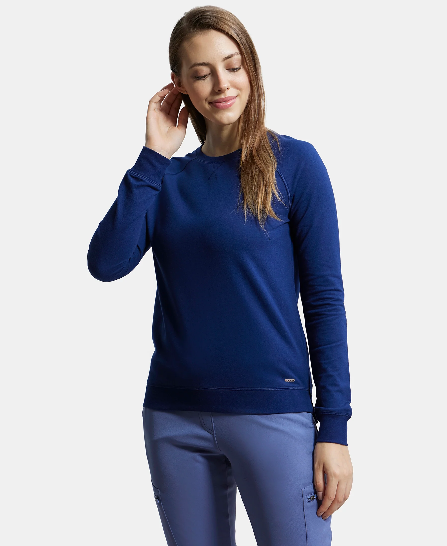 Super Combed Cotton Rich French Terry Fabric Solid Sweatshirt with Raglan Sleeve Styling - Medieval Blue - Image 5