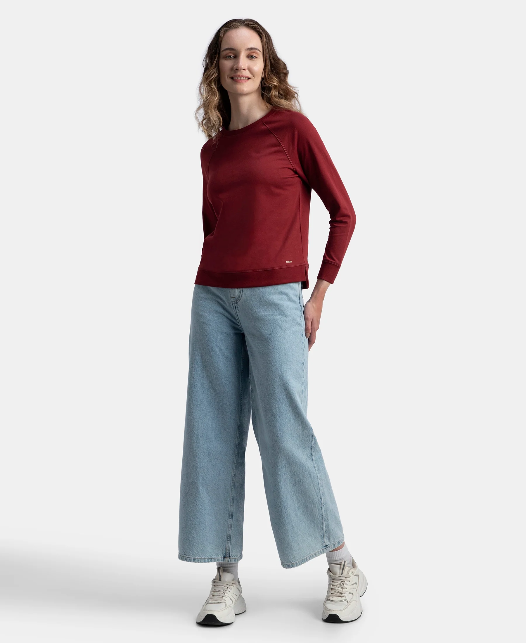 Super Combed Cotton Rich French Terry Fabric Solid Sweatshirt with Raglan Sleeve Styling - Pomegranate - Image 4
