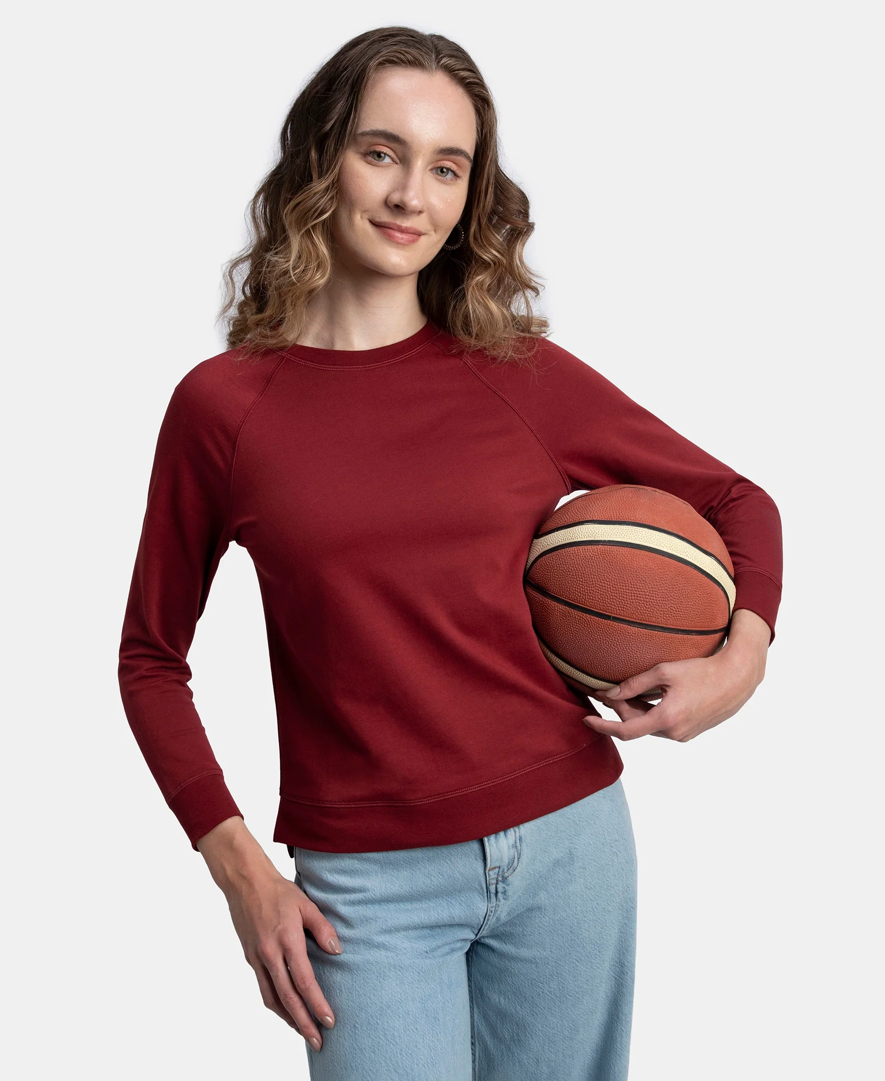 Super Combed Cotton Rich French Terry Fabric Solid Sweatshirt with Raglan Sleeve Styling - Pomegranate - Image 5