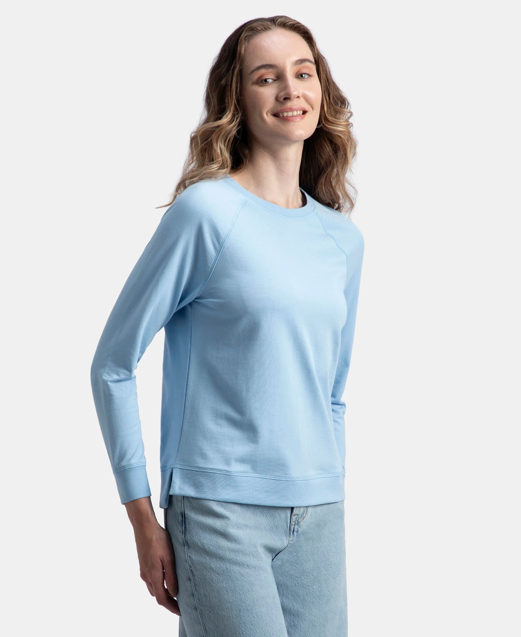 Super Combed Cotton Rich French Terry Fabric Solid Sweatshirt with Raglan Sleeve Styling - Powder Blue - Image 2