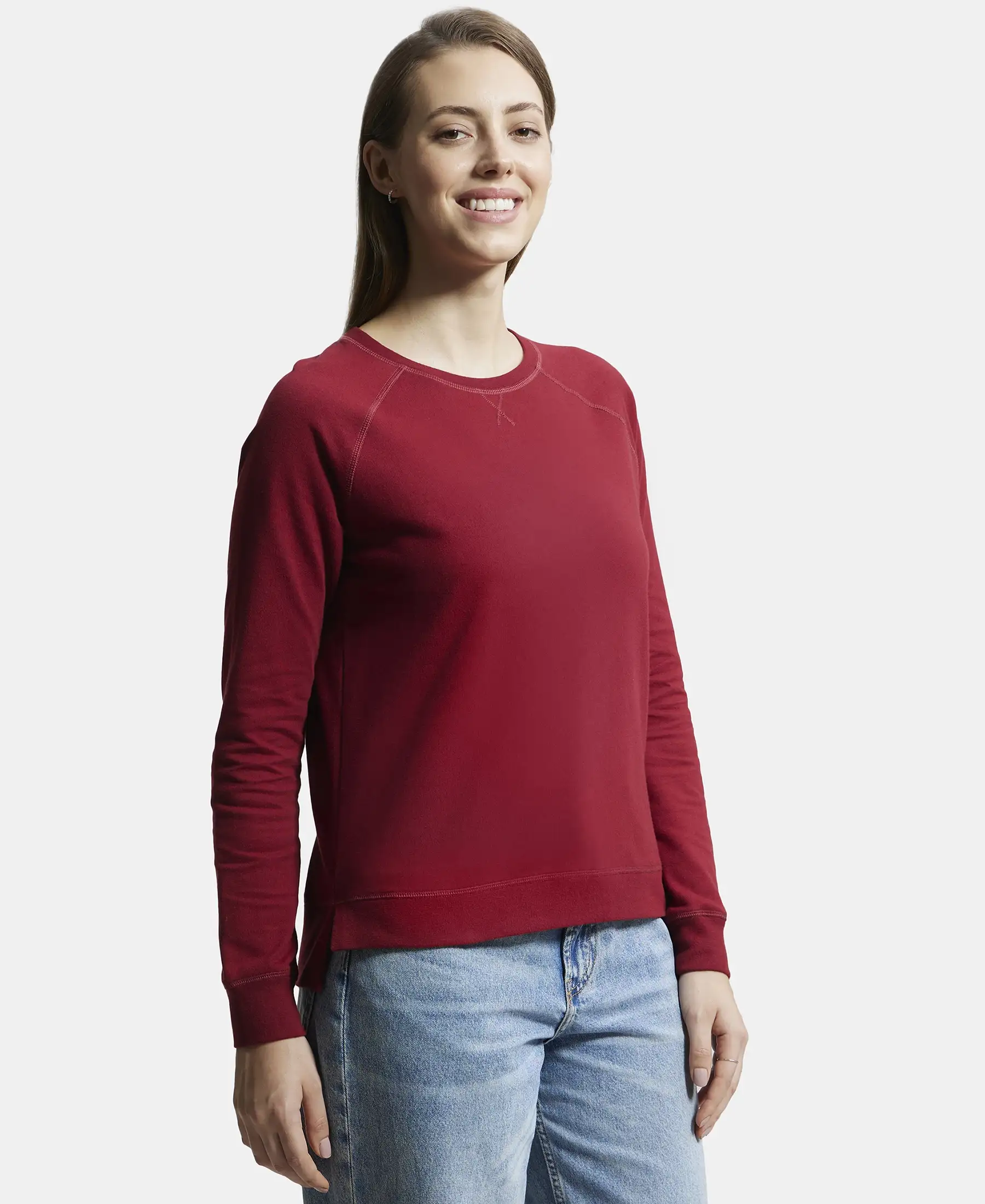 Super Combed Cotton Rich French Terry Fabric Solid Sweatshirt with Raglan Sleeve Styling - Rhubarb - Image 2