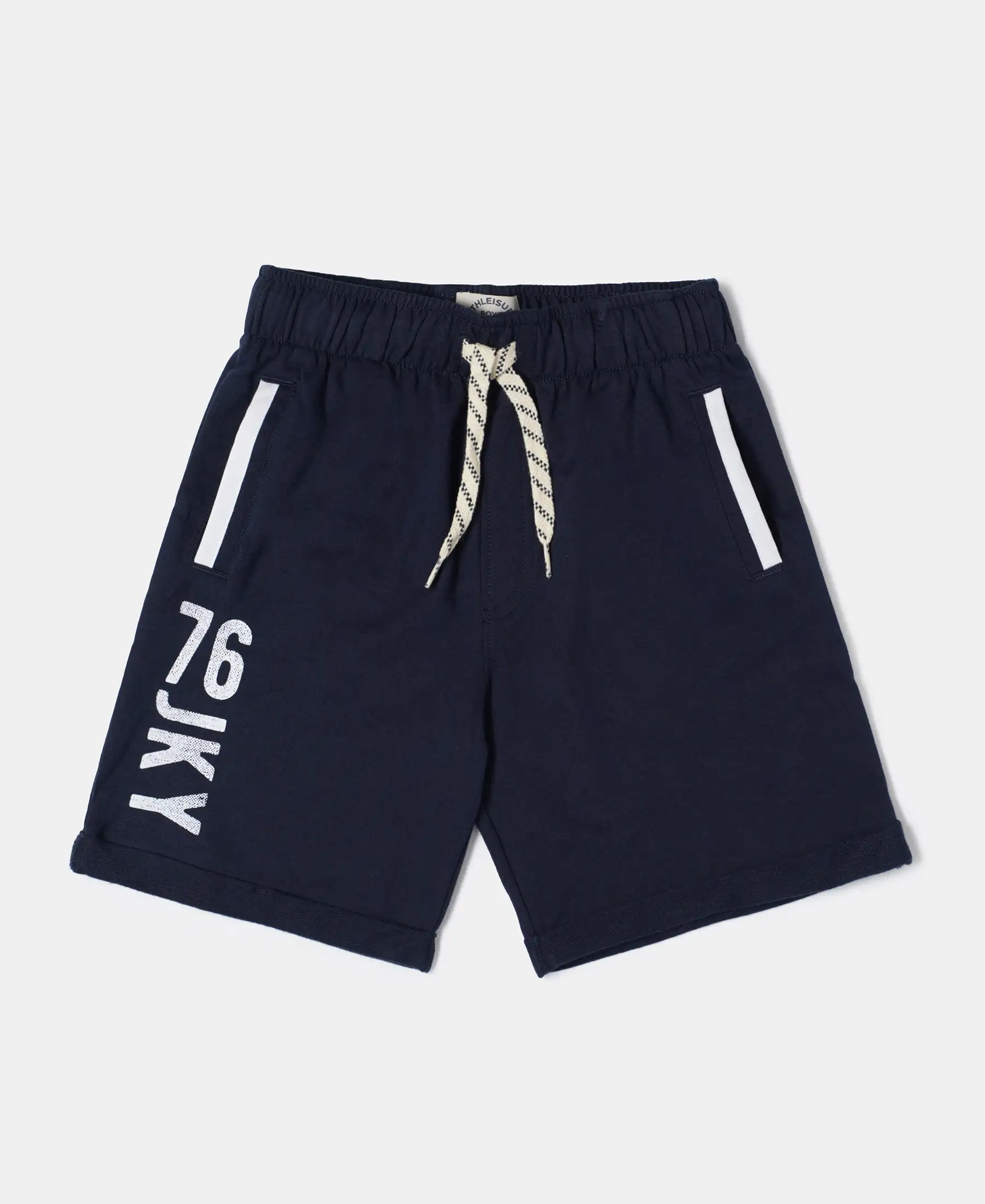 Boy's Super Combed Cotton Rich French Terry Graphic Printed Shorts with Turn Up Hem Styling - Navy