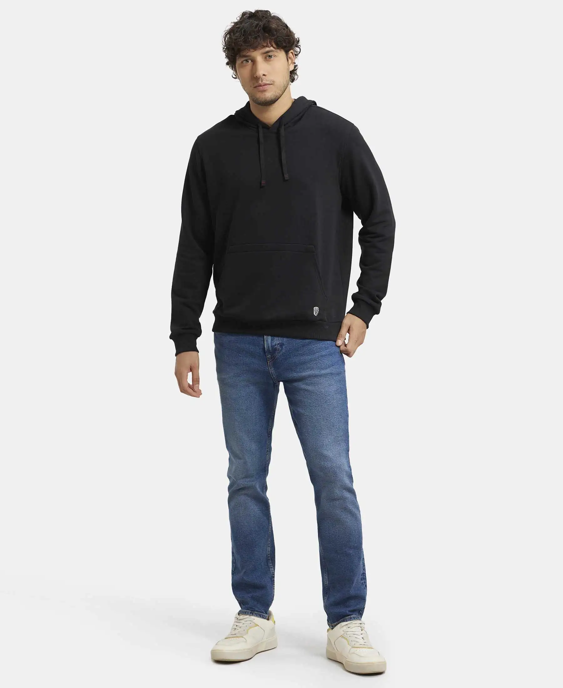 Super Combed Cotton Rich French Terry Hoodie Sweatshirt with Ribbed Cuffs - Black - Image 4