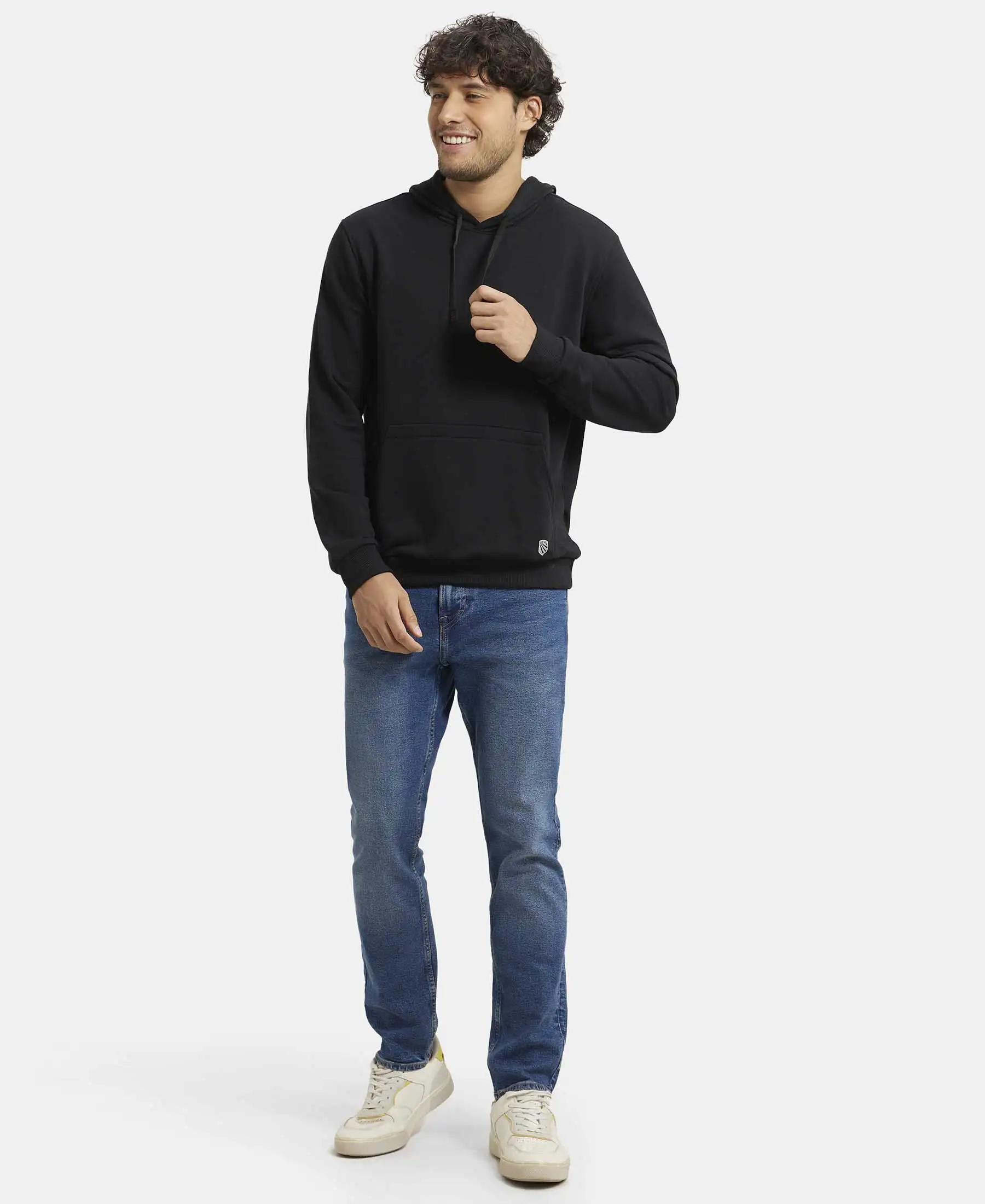 Super Combed Cotton Rich French Terry Hoodie Sweatshirt with Ribbed Cuffs - Black - Image 6