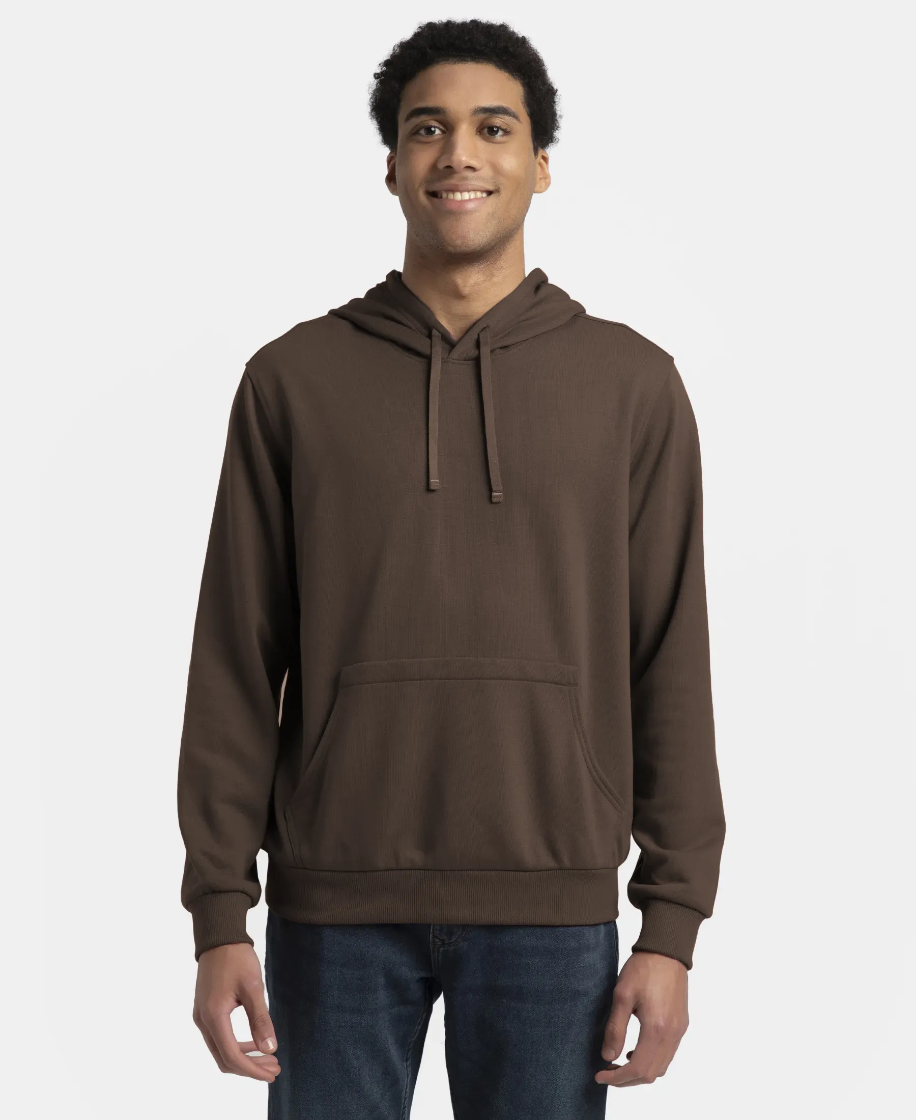 Super Combed Cotton Rich French Terry Hoodie Sweatshirt with Ribbed Cuffs - Dark Khaki