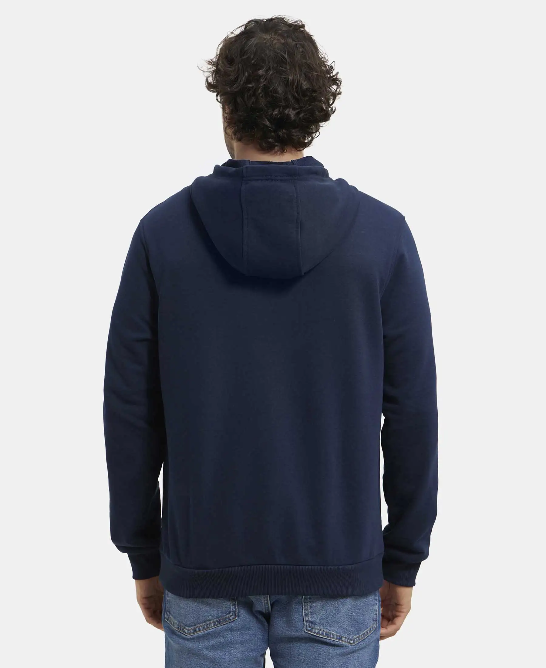 Super Combed Cotton Rich French Terry Hoodie Sweatshirt with Ribbed Cuffs - Navy - Image 3