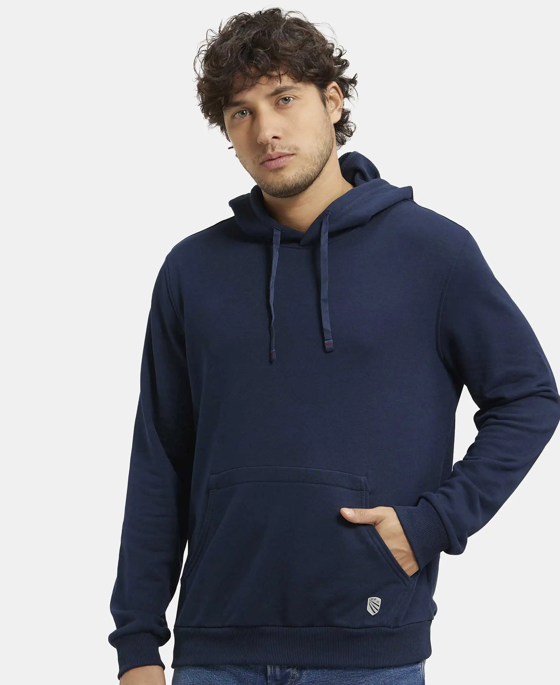 Super Combed Cotton Rich French Terry Hoodie Sweatshirt with Ribbed Cuffs - Navy - Image 5